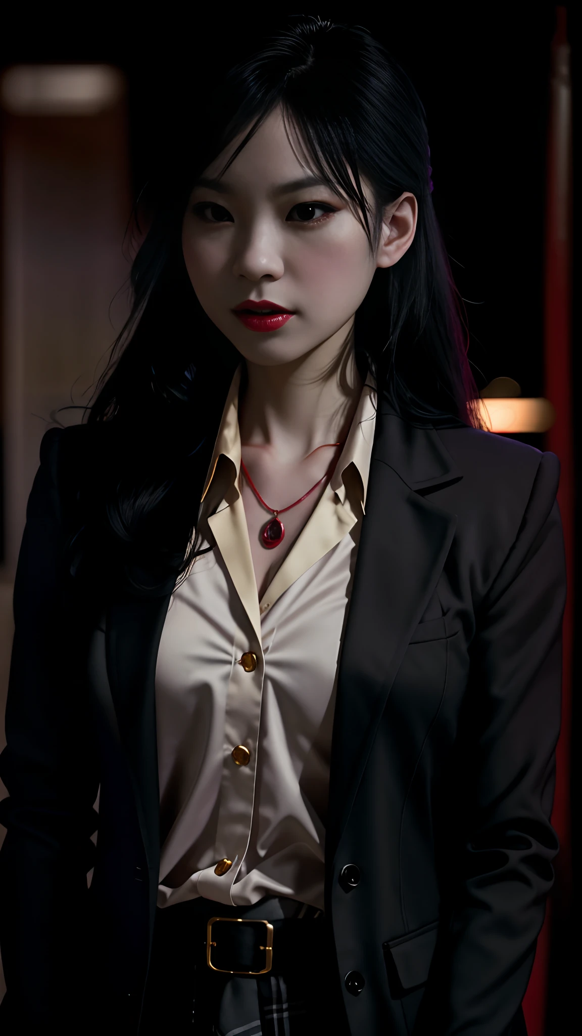Photo realistic,front lit face, vibrant colors, preternatural skin, preternatural beauty, volumetric fog, Classy regal Japanese Female,very pale skin, 4 fingers one thumb, buttoned up black wool blazer, blazer collar popped up, blood red undershirt,long black silk, black silk skirt with slit, elaborate gold chain ruby pendant necklace,walking on train platform at night, focal length 35mm distance 12 feet, full body