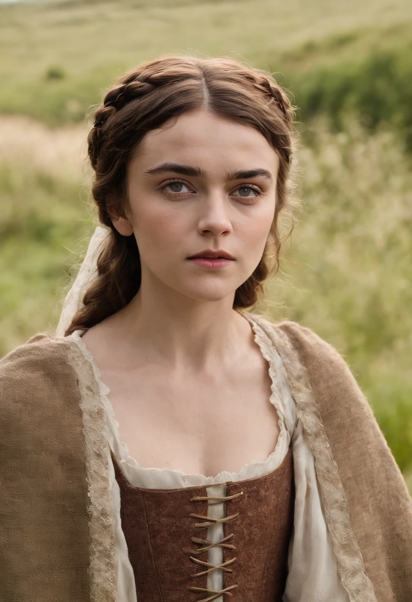 Portrait Photography, face shot of a mix between Maisie Williams and Keira Knightley as a medieval fantasy 50 year-old shepherdess, wrinkly, revolting looks, short salt and pepper hair, goatee, serious expression, medieval fantasy shepherdess clothes, in a medieval countryside, The colors are masterfully captured by Nikon D850 and a Nikon AF-S NIKKOR 70-200mm f/2.8E FL ED VR lens, Peter Jackson, fantasy, historical