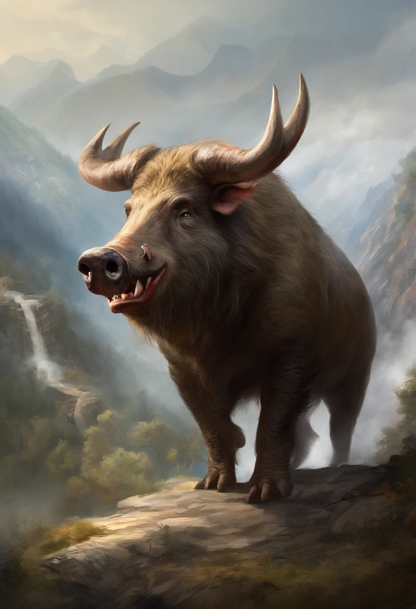 。.3D，32K resolution，Unreal Engine5，Chinese mythology，Above the mountain,A huge wild boar，Dark style，huge tusks，Huge body contrast，（The same characters，frontage，Lateral face，on  back）