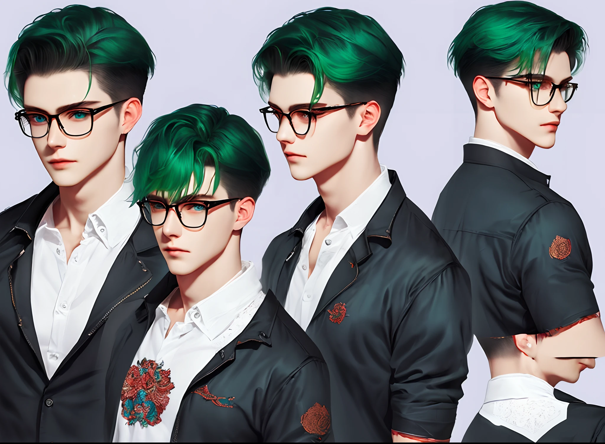character sheet with 3 views (front-side-back), ultra detailed, masterpiece, detailed eye ,unbuttoned, {oversized shirt, shirt, off shoulder}, a young male warrior,and pale skin with a slender and lithe 1boy, smirk ,green hair, blue eyes, (handsome), gentle eyes, shirt, (detailed face), (detailed eyes), (detailed hair), (best quality) short hair, {{{nupe undercut}}},open forehead,pale skin, glasses,betterHands,betterHands