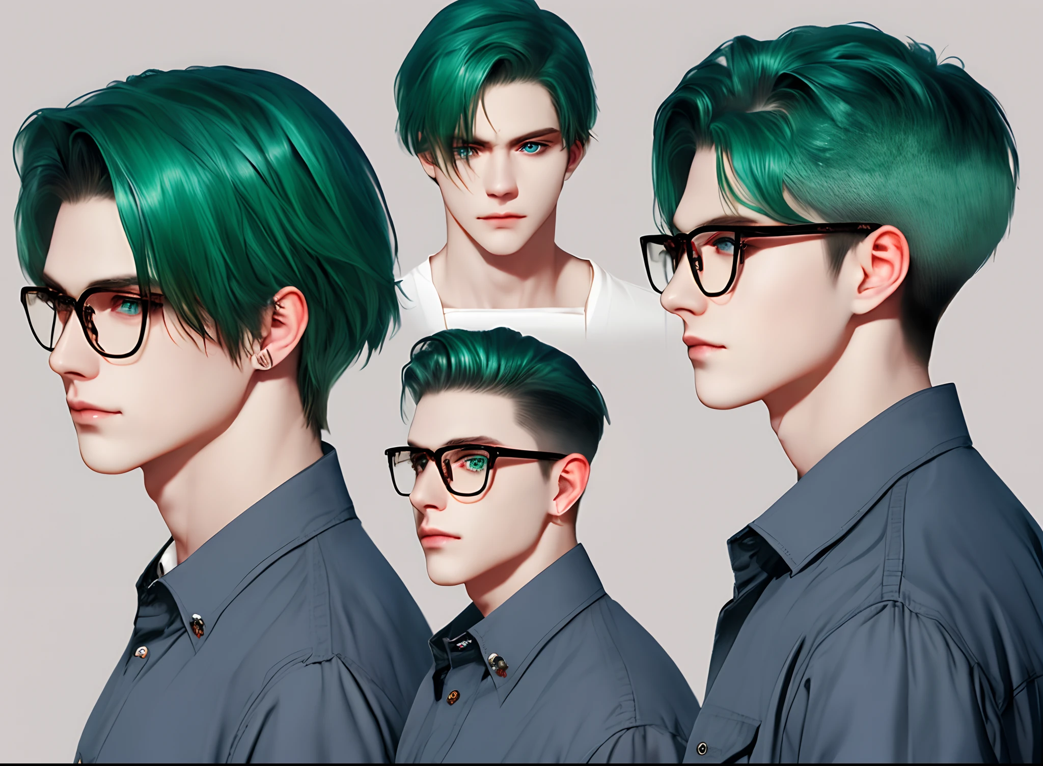 character sheet with 3 views (front-side-back), ultra detailed, masterpiece, detailed eye ,unbuttoned, {oversized shirt, shirt, off shoulder}, a young male warrior,and pale skin with a slender and lithe 1boy, smirk ,green hair, blue eyes, (handsome), gentle eyes, shirt, (detailed face), (detailed eyes), (detailed hair), (best quality) short hair, {{{nupe undercut}}},open forehead,pale skin, glasses,betterHands,betterHands