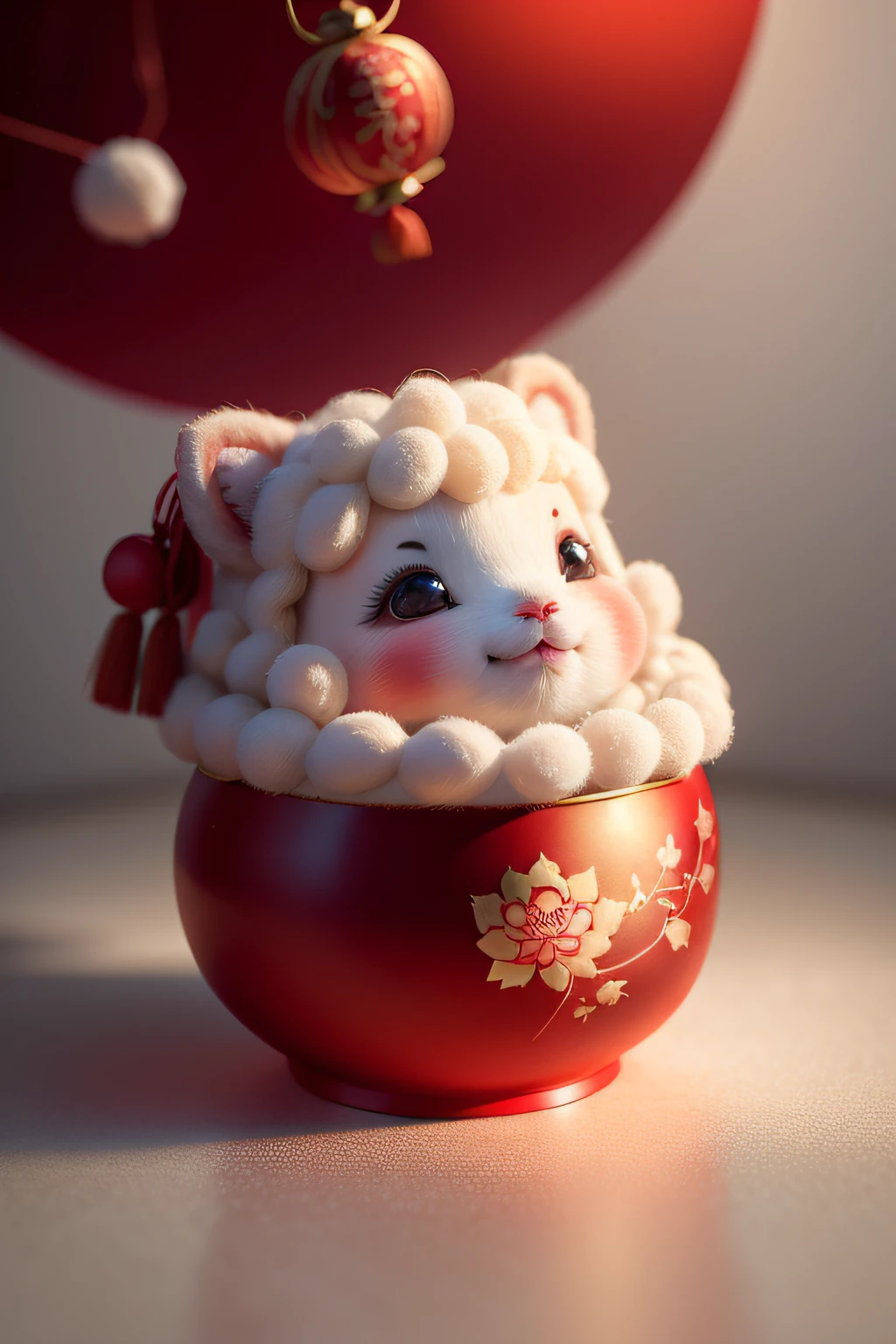 Gorgeous festive red Chinese traditional culture Chinese traditional festival Spring Festival Detailed description，A baby lamb with a furry face Detail light，Light and shadow tracking，Chubby body，pecora ，Wool rolls，ssmile，warmth，Cute and dreamy，，All body，Sense of brokenness，tmasterpiece，Warm，POPMART blind box design，by Pixar，3D style