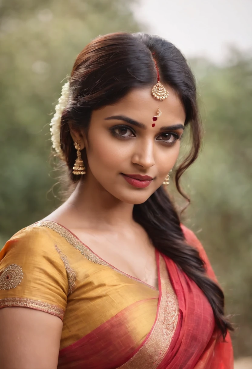 A beautiful indian woman with saree on blouse, (exposed gagintic breasts)