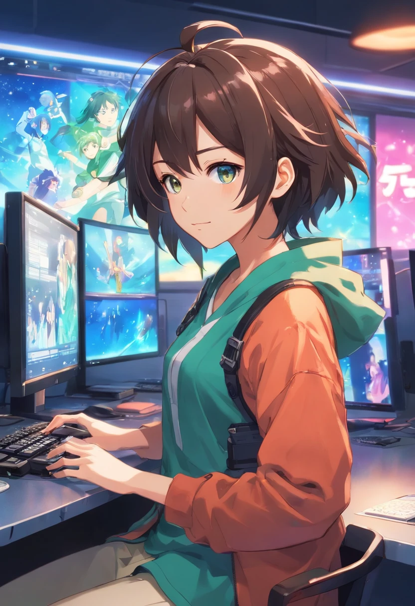 homen de pele negra como cabelo crespo e olhos escuros, com o rosto meio de lado usando fone de ouvido, com roupa de jogador de equpe de esports, e duas luzes predominante um verde e um azul