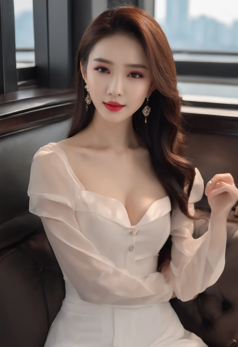 Singer Zhang Liangying is fully physical, Sharp focus :1.2, Pretty Women with Perfect Figure :1.4, Slender abs :1.2, ((Dark brown hair, Big breasts :1.2)), Body dress :1.1, (night cityscape, Modern Balcony :1.1), Highly detailed face and skin texture, Detailed eyes, 二重まぶた, small busts, office lady uniform, Office wear, White T-shirt, Exposed cleavage, (Black pantyhose), (), interior scenes, Office