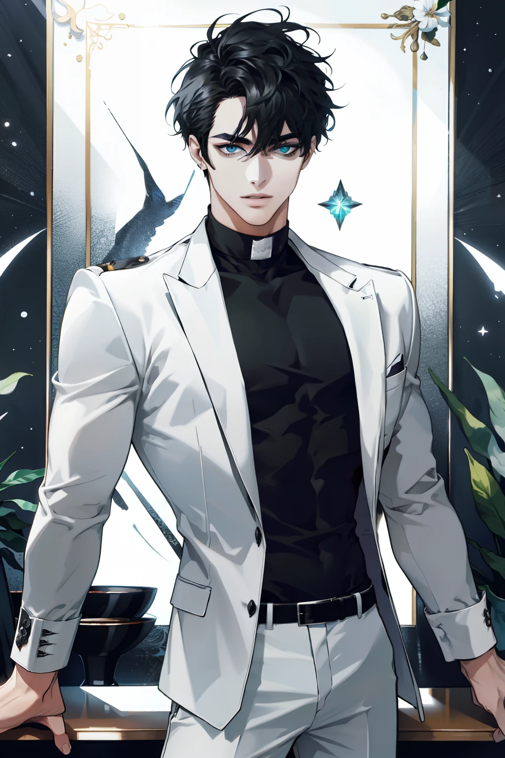 (ludicrous, High resolution, Super detailed), 1 persona, adulto, guapo, Chico alto y musculoso, hombros anchos, Ojos finos y detallados y cara detallada, Cabello largo y negro, Onyx eyes, Chaleco ajustado blanco, vaqueros, Cocktails, tabaquismo, barra, mortecino