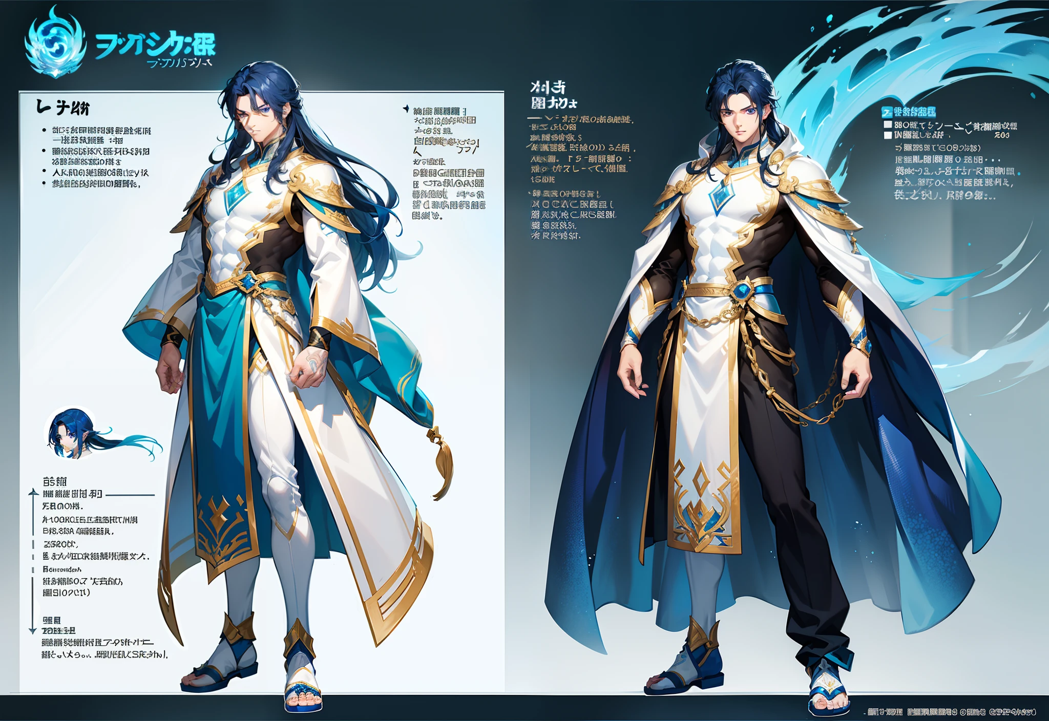 1boy, single, asian boy, reference sheet, character design, front angle, side angle, rear angle, dynamic poses, (masterpiece:1.2), (best quality:1.3), ice fantasy outfit, muscle body, athletic body. (Blue eyes), (long hair), (long bangs), (blue hair), (pale skin), lean (reference sheet:1.5)