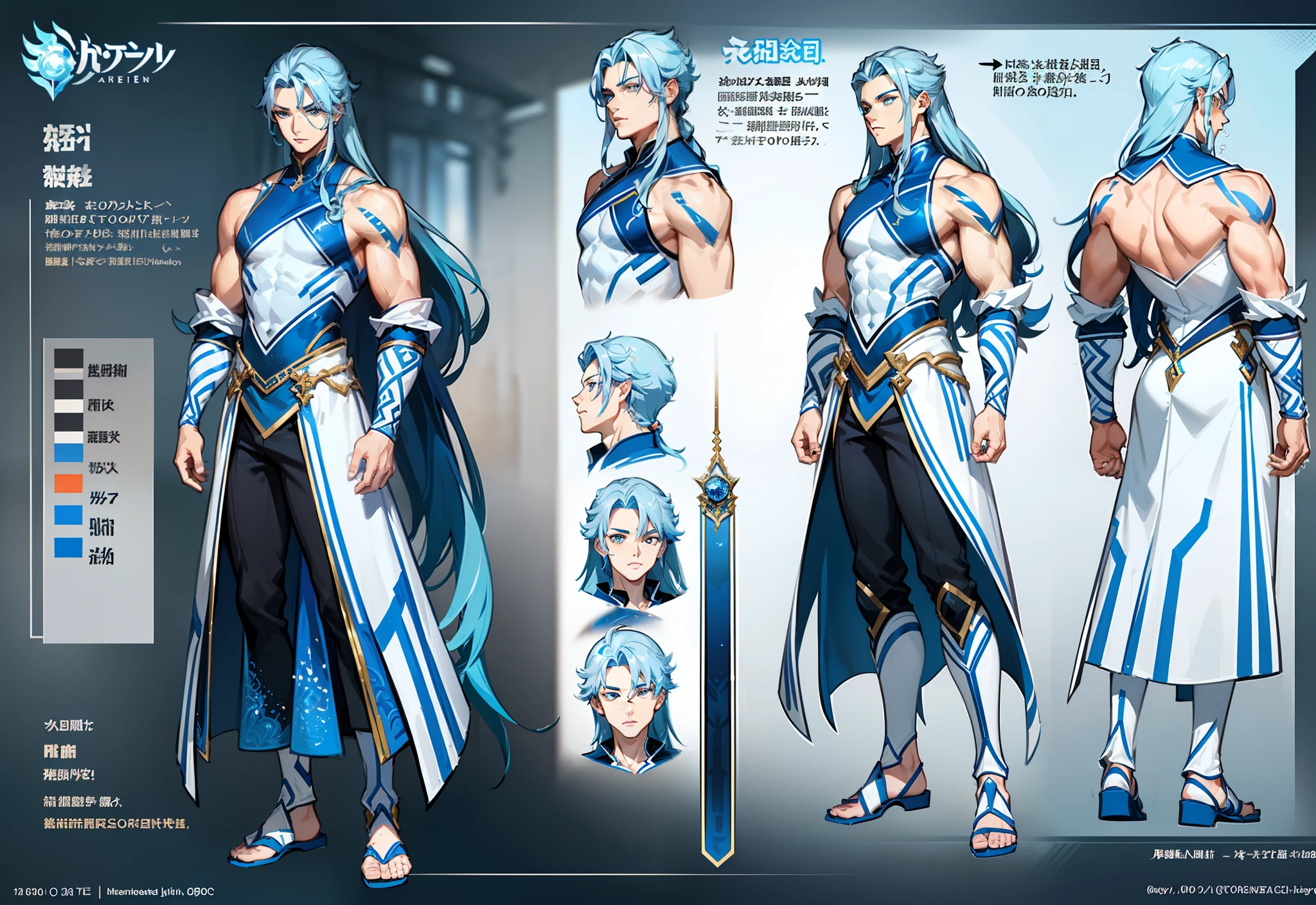 1boy, single, asian boy, reference sheet, character design, front angle, side angle, rear angle, dynamic poses, (masterpiece:1.2), (best quality:1.3), ice fantasy outfit, muscle body, athletic body. (Blue eyes), (long hair), (long bangs), (blue hair), (pale skin), lean (reference sheet:1.5)