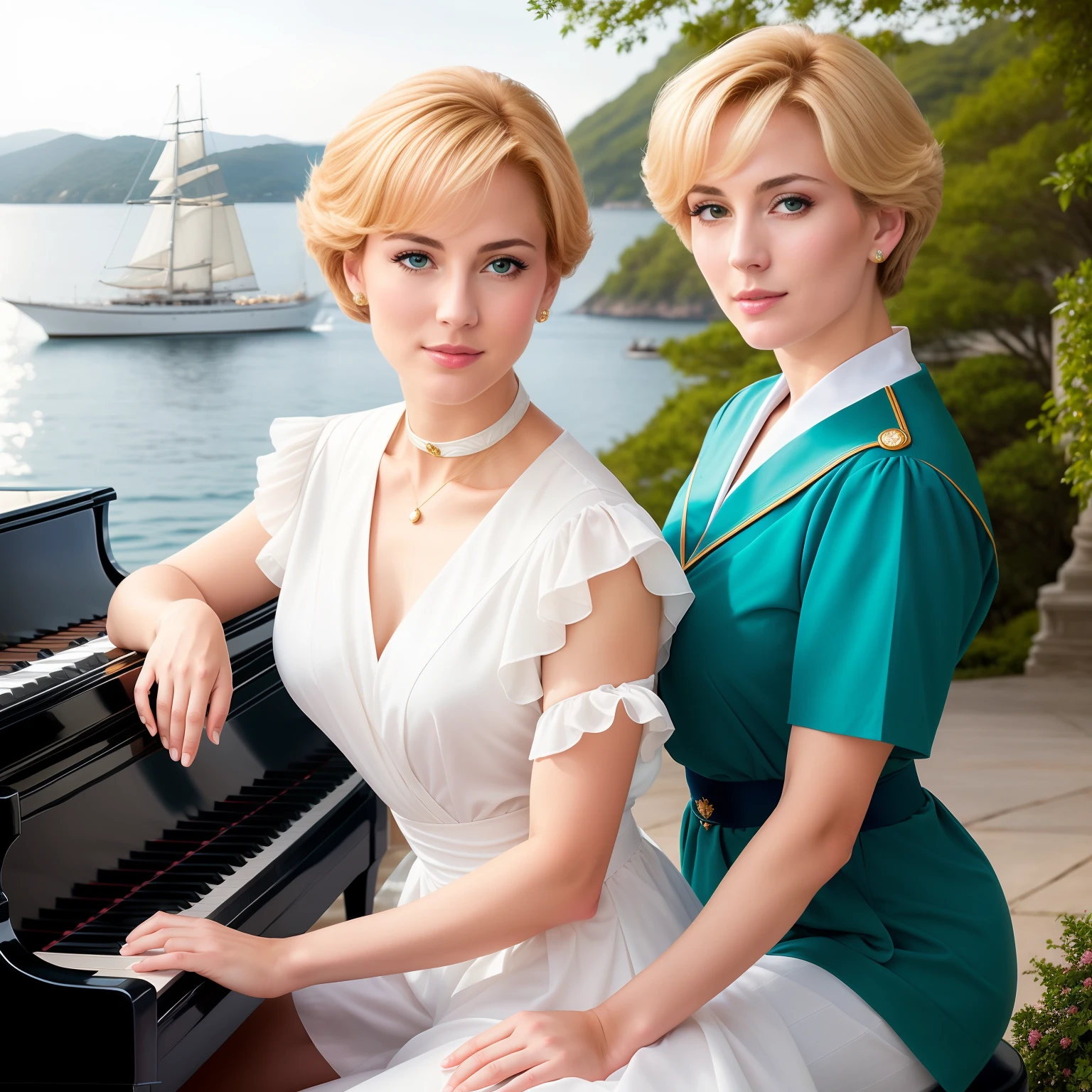 (mature and realistic portrayal:1.2), confident Sailor Uranus playing a piano while Sailor Neptune sits on top of it, captivating eyes, graceful hand movements, fine facial features, flowing hair, elegant sailor uniform, harmonious composition, detailed piano keys, subtle shadows, soft lighting, vibrant colors, realistic rendering, exquisite textures, professional portrait, beautiful landscape in the background, dynamic atmosphere