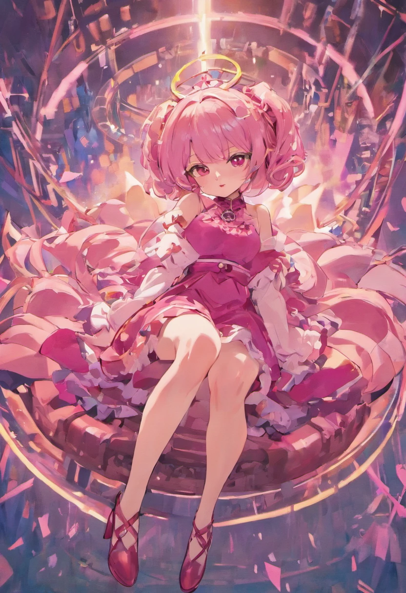 masterpiece, top-quality, 1girl in, The upper part of the body, sitting on, shorth hair, , A dark-haired,、Pink ruby clothes, frilld、Angle from below