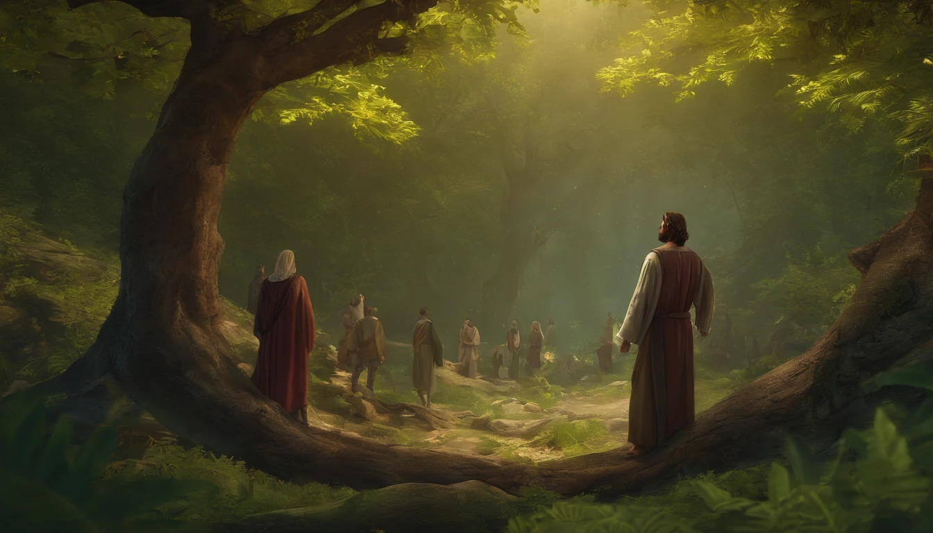 jesus sentado com um grupo de pessoas em baixo de uma arvore : :n_ desenho, Imperfection, baixa qualidade, boneco, jogo, anime