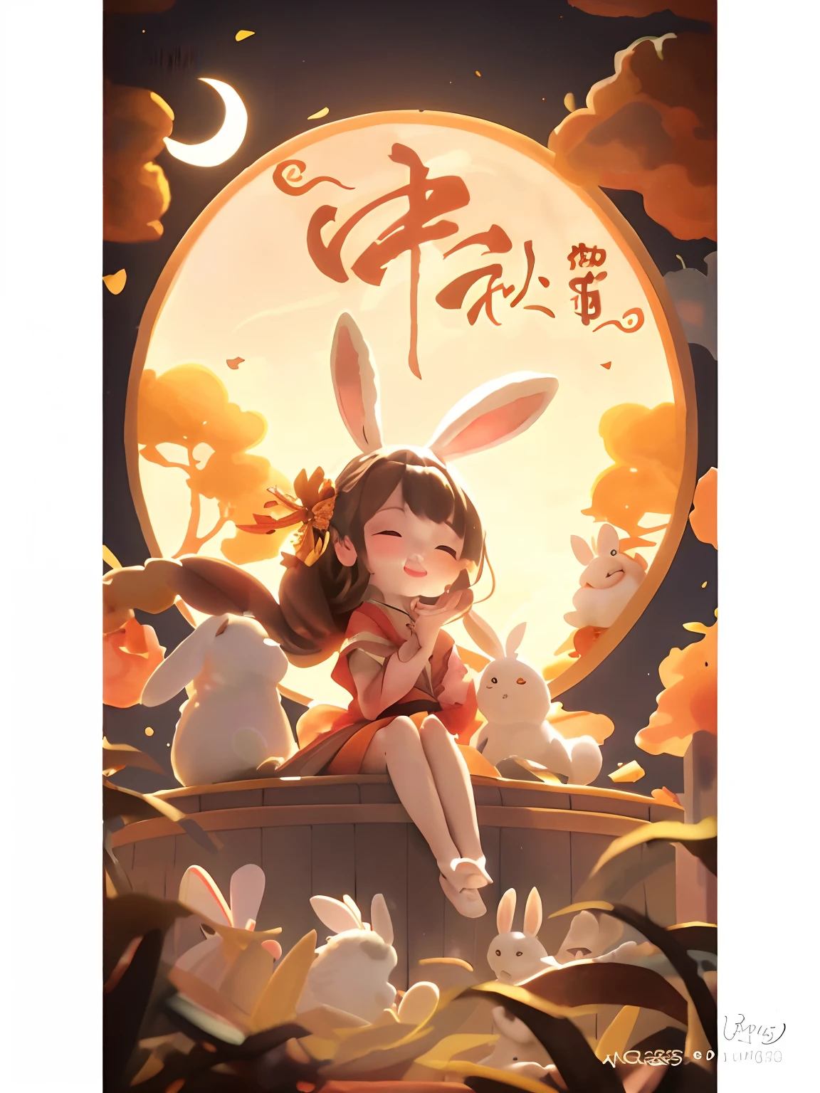 Trends on CGiStations,Flat wind poster Mid-Autumn Festival,A cute girl,Wearing old Chinese clothes,The head wears rabbit ears,Play next to the girl with a rabbit,Moon cake,Auspicious clouds,Behind it is a huge moon,Warm colors,Abstract picture,ultra-realistic realism,pixar-style,3d effect,Disney style,clear contour light,rim-light,fanciful,spotlight lights,