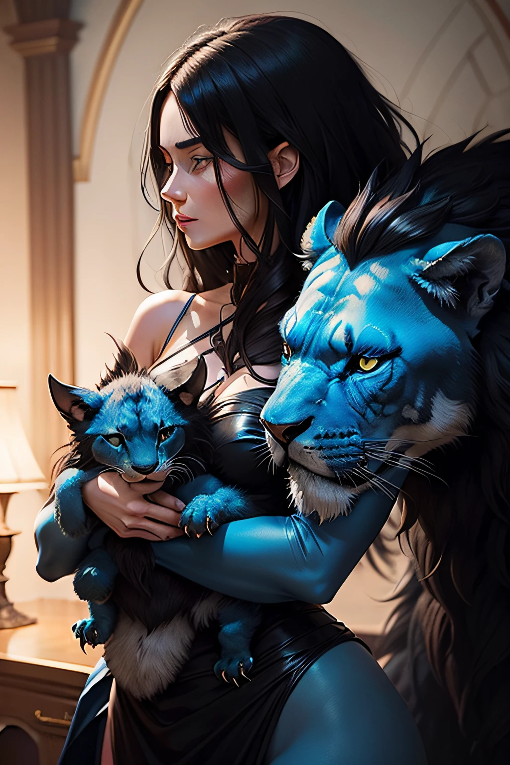A woman with shoulder length black hair holding a dragon in her arms. The dragon has a large blue mane like that of a lion