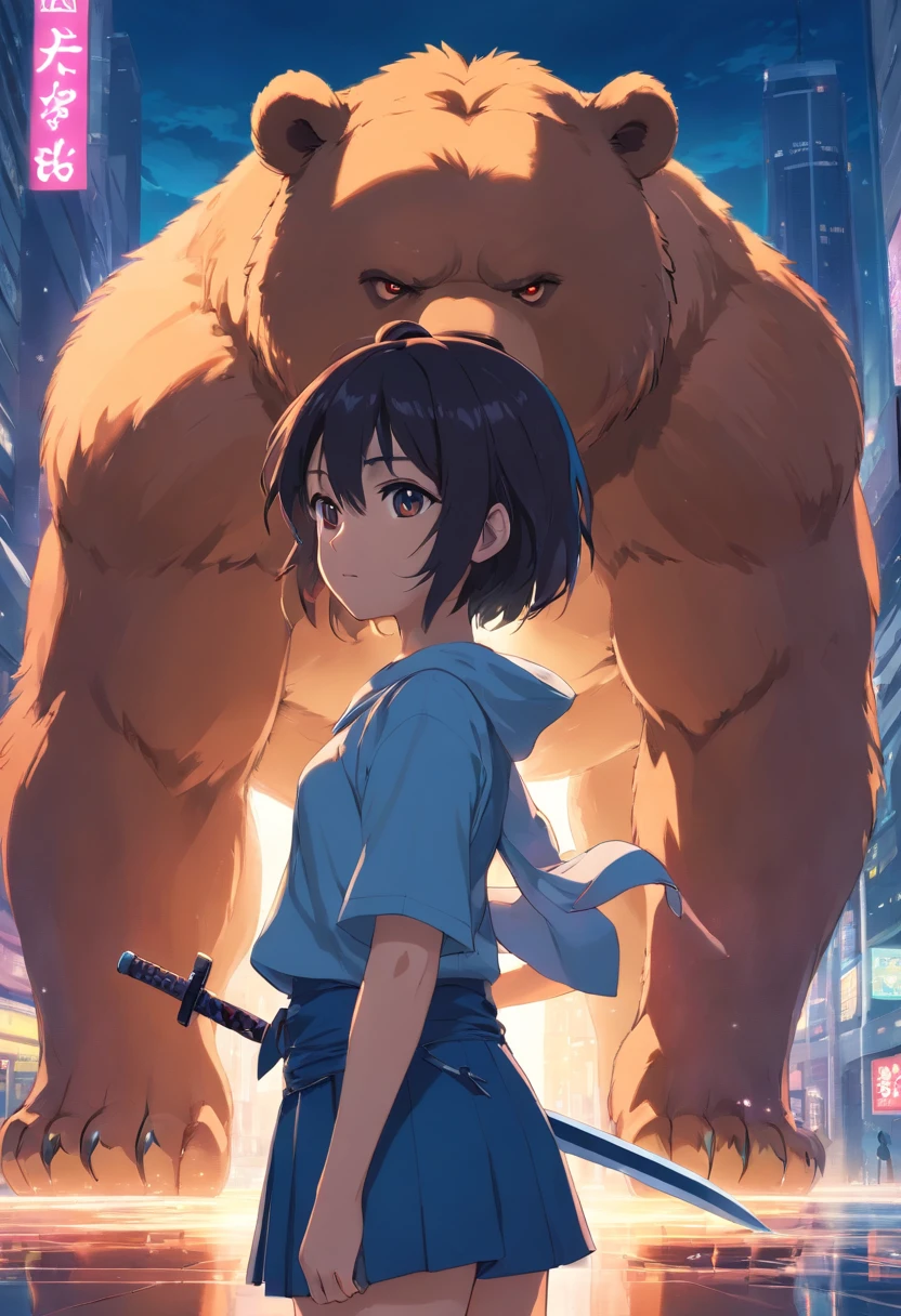 uma mulher pequena e fofa de cabelos brancos, with a well-detailed sword in his right hand, com correntes em sua perna e sangue no nas pedras, with a giant bear behind her with its mouth full of blood.