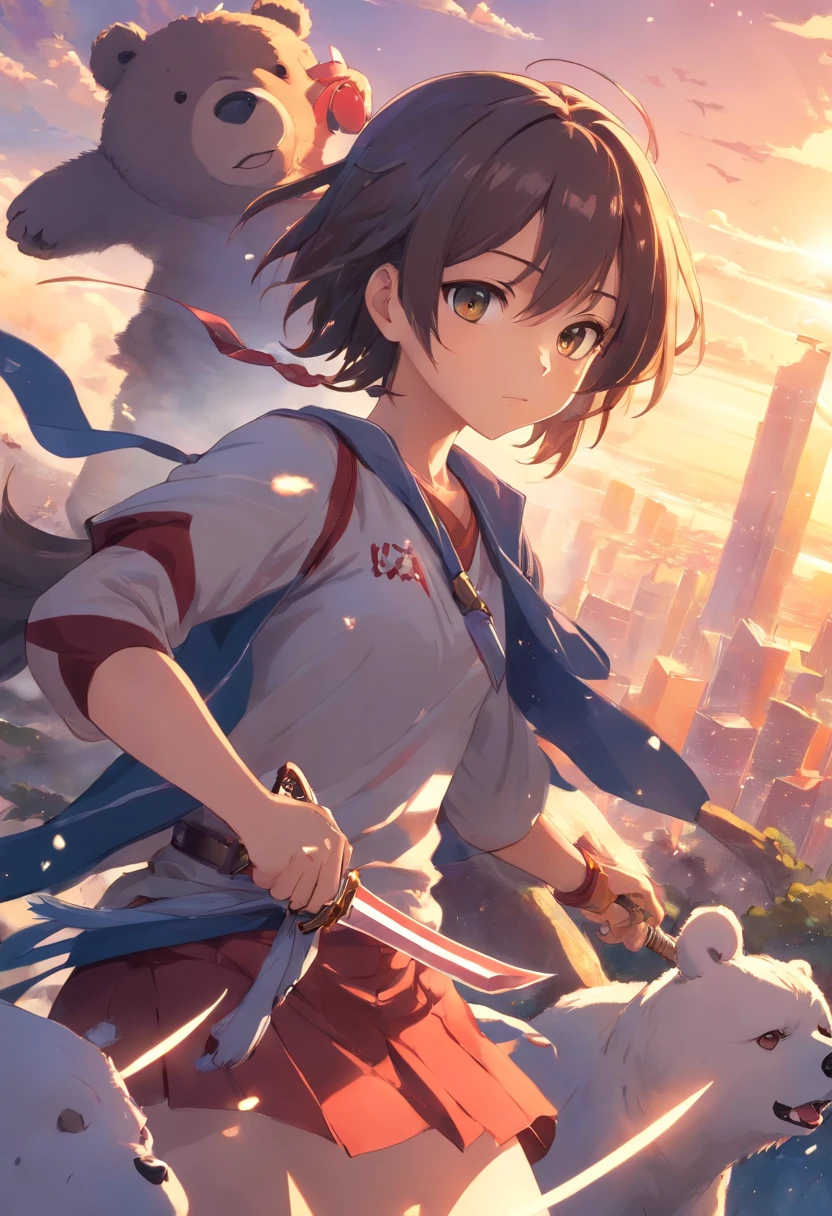 uma mulher pequena e fofa de cabelos brancos, with a well-detailed sword in his right hand, com correntes em sua perna e sangue no nas pedras, with a giant bear behind her with its mouth ?????????????.