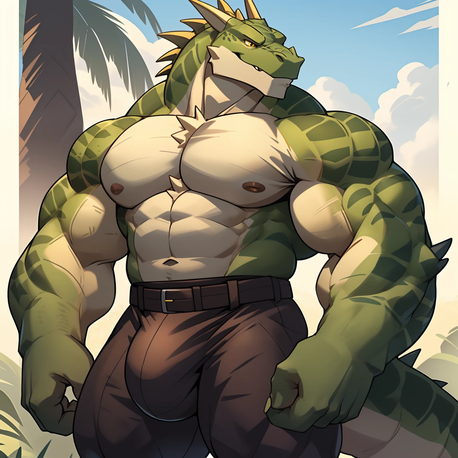Solo, Male, lizardfolk, cheeky face, Wide face, Broad shoulders, Muscular, buff, Strong, Tall, Giant, Huge amounts of pubic, immensity, Gigantic, large biceps, large pecs, Green body, Green skin, Yellow eyes, detailed crotch, massive bulge