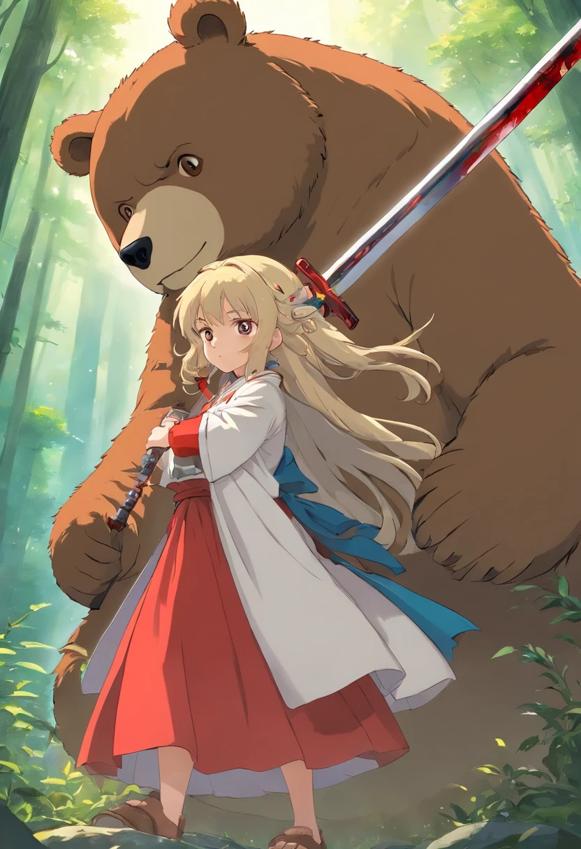 uma mulher pequena e fofa de cabelos brancos, with a well-detailed sword in his right hand, com correntes em sua perna e sangue no nas pedras, with a giant bear behind her with its mouth full of blood.