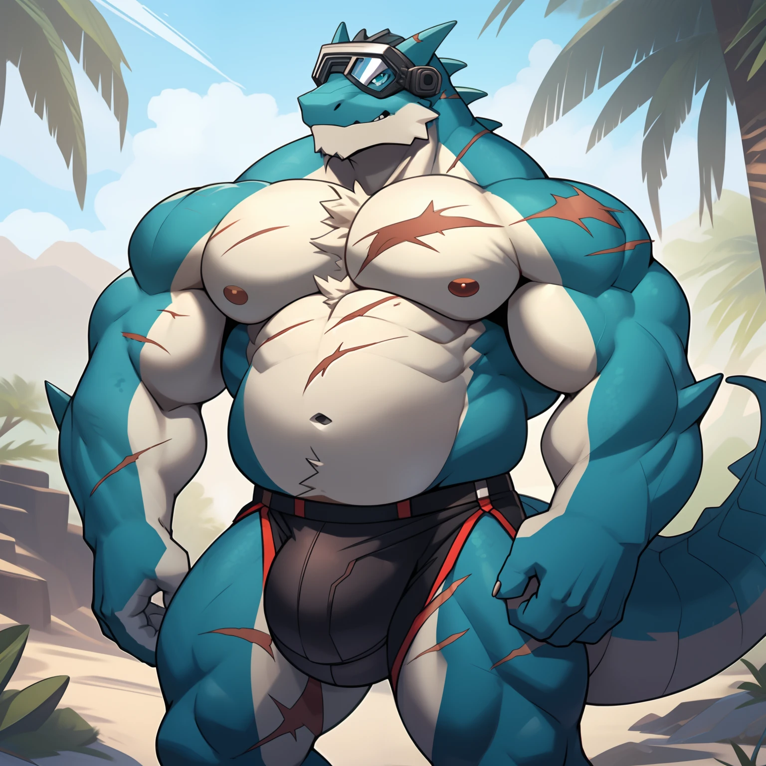 Solo, Male, Lizardman General, Titanium technology helmet,Plasma goggles,cheeky face, Wide face, Broad shoulders, Muscular, buff, Strong, Tall, Giant, Huge amounts of pubic, immensity, Gigantic, large biceps, large pecs, General's belly,teal skin, blue colored eyes, There are very, very, very many scars,detailed crotch, massive bulge