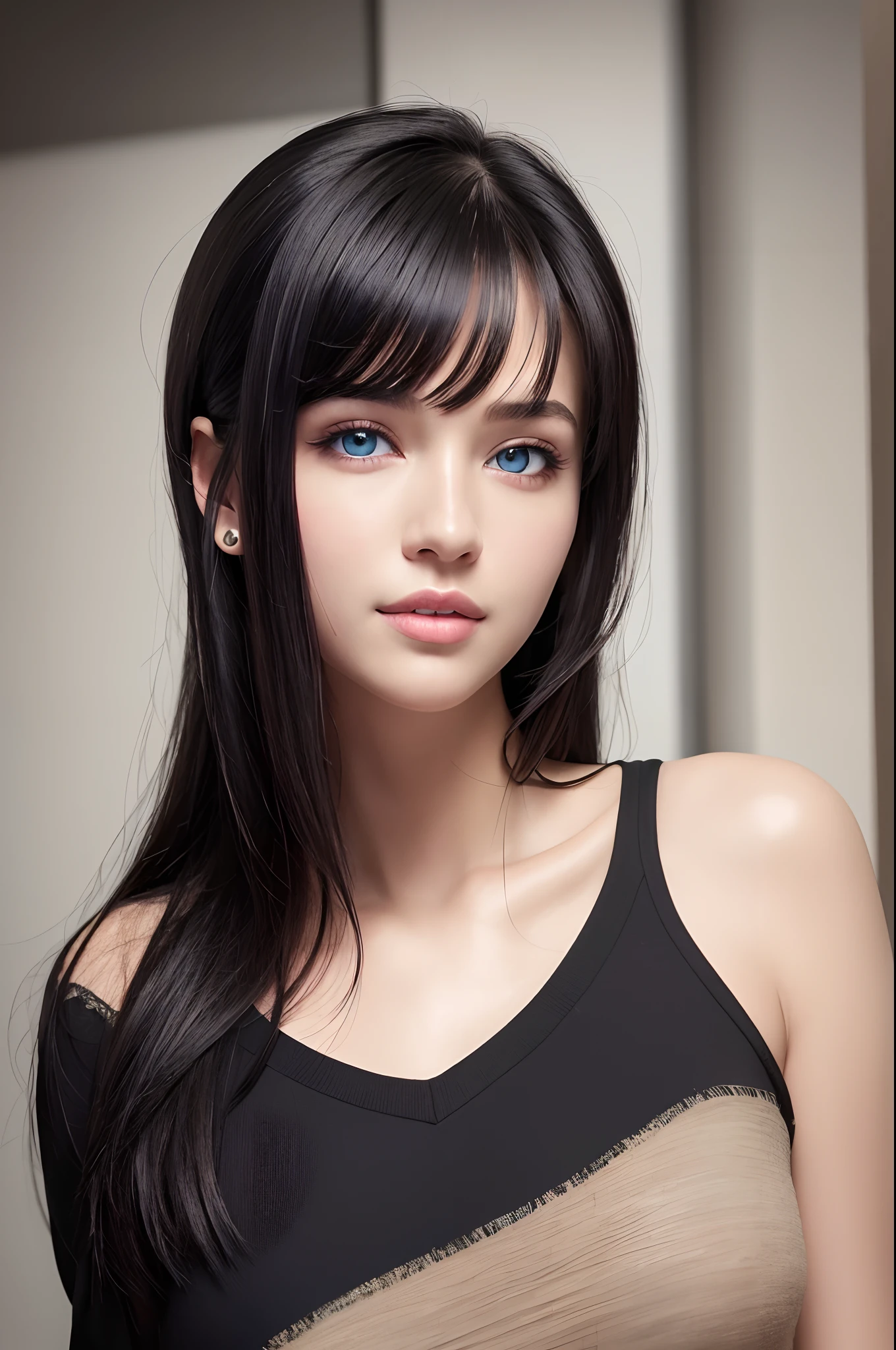 (RAW photo:1.2),(photorealistic:1.4),(masterpiece:1.3),(best quality:1.4),ultra high res, HDR,8k resolution, dreamlike, check commentary,commentary request,scenery,((no text)), solo focus, (detailed eyes),(detailed facial features), (detailed clothes features), skin tight, (shiny skin),(slender),(slim),(beautiful face), 1boy, VirtualGirl-Ren, young, bangs,black hair, blue eyes,ear studs, loose shirt, smile, bashfully,cute, look straight into the camera,