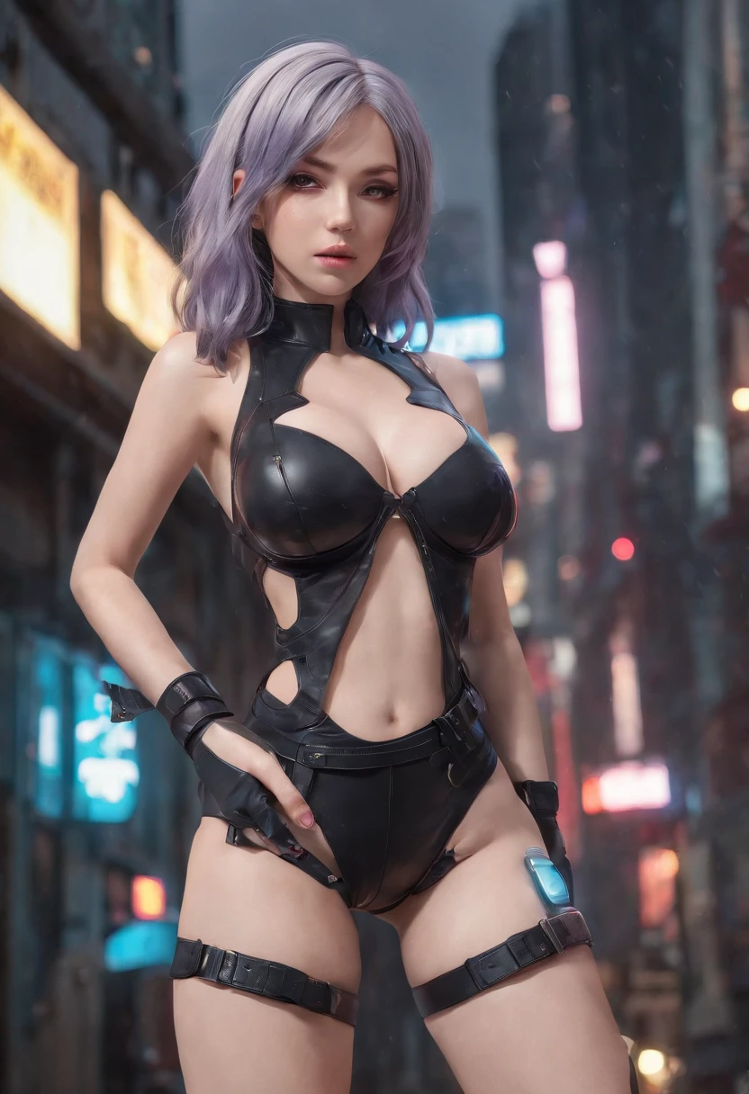 (Extremely detailed Cg Unity 8K wallpaper), (Ultra-detailed), Masterpiece, Best quality, lucy (Cyberpunk), tightsuit, Solo, Breasts, Cyberpunk city, multicolored hair, Short hair, view the viewer, Huge breasts, huge tit，Black transparent jumpsuit, With gray eyes, hip vent, clothing cutout, thigh gap, covered navel, White jacket, Lulu breasts, Short shorts, sofe,