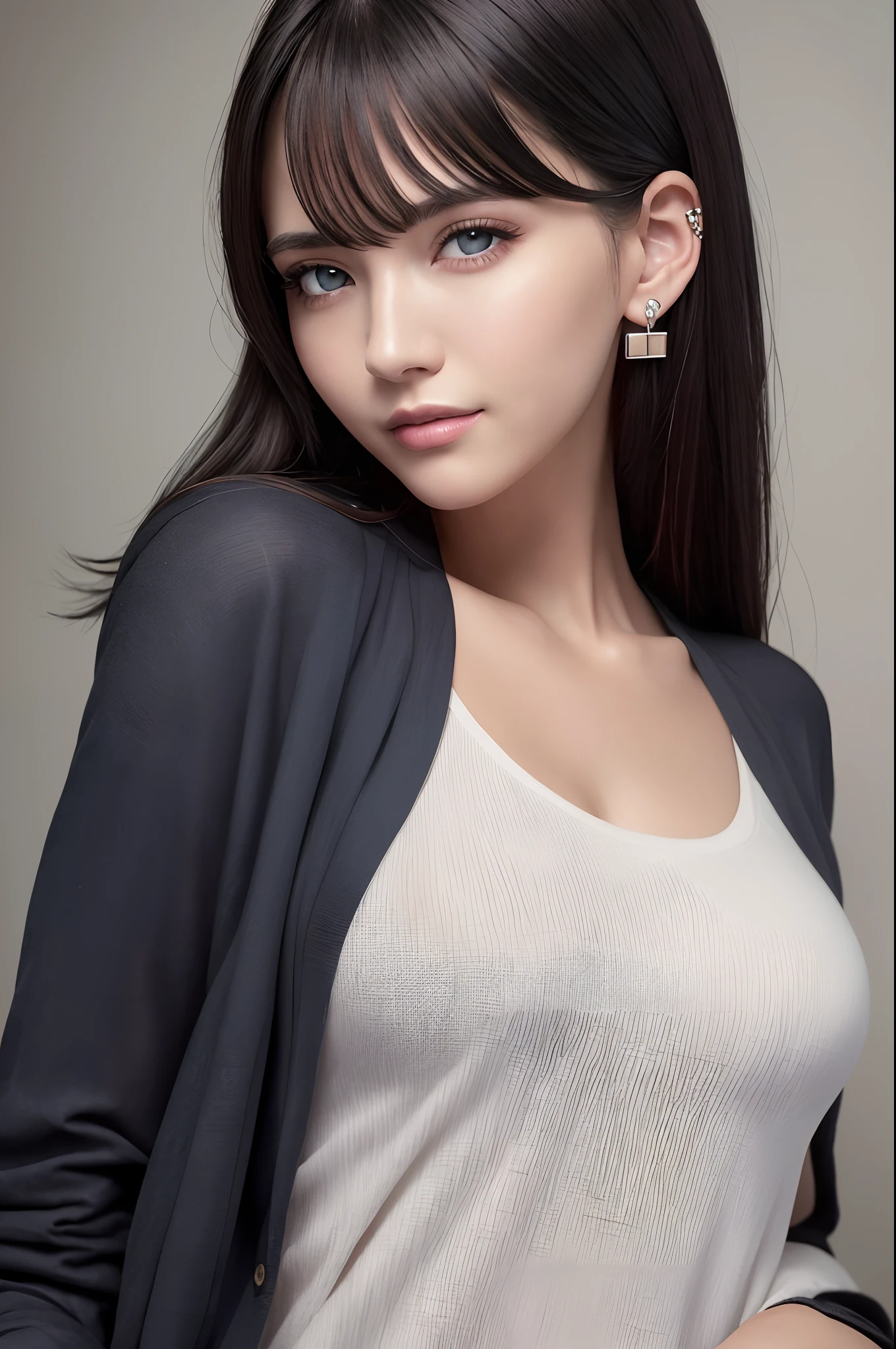 (RAW photo:1.2),(photorealistic:1.4),(masterpiece:1.3),(best quality:1.4),ultra high res, HDR,8k resolution, dreamlike, check commentary,commentary request,scenery,((no text)), solo focus, (detailed eyes),(detailed facial features), (detailed clothes features), skin tight, (shiny skin),(slender),(slim),(beautiful face), 1boy, VirtualGirl-Ren, young, bangs,black hair, blue eyes,ear studs, loose shirt, smile, bashfully,cute, look straight into the camera,