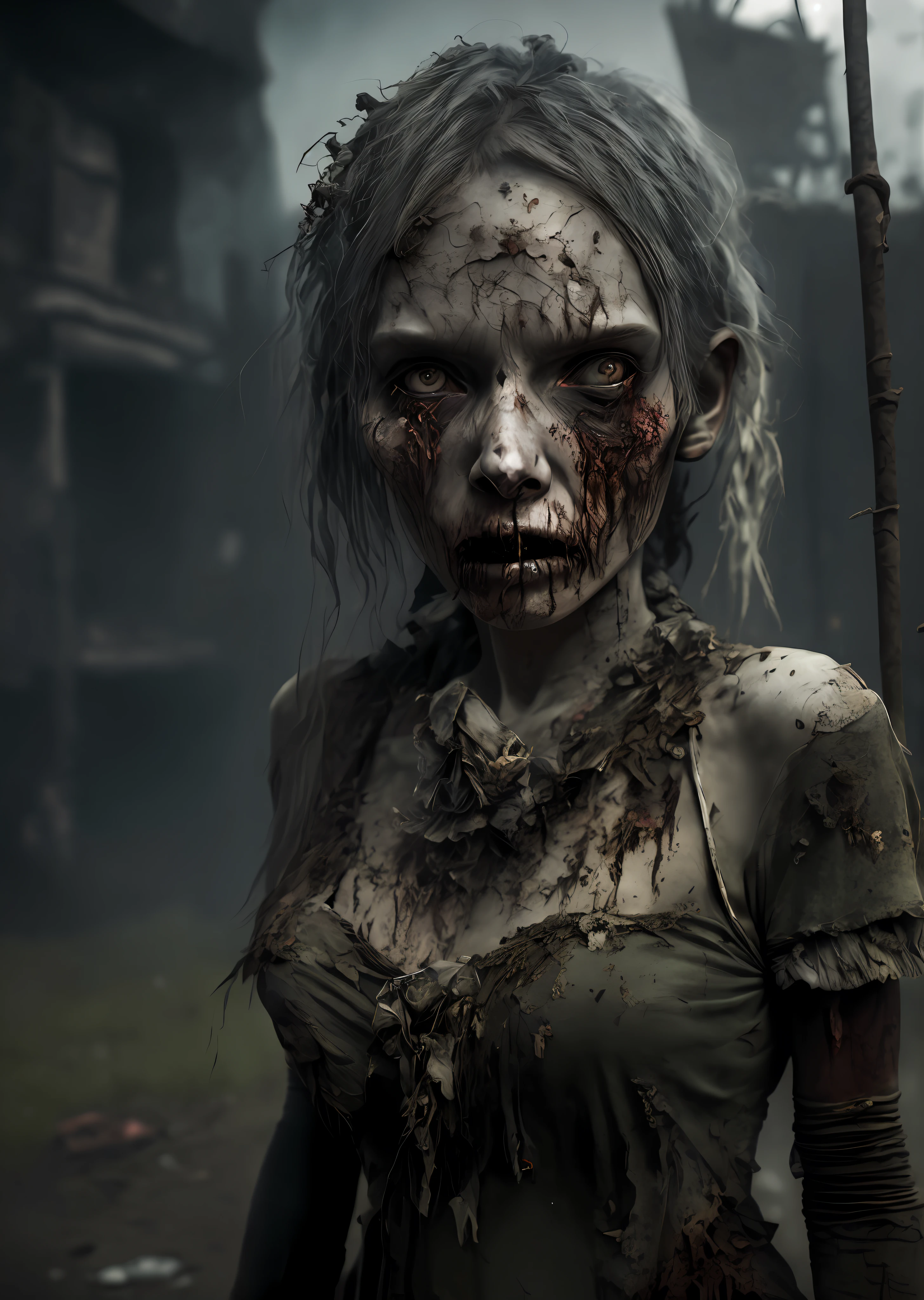 zombie, tattered ruined clothes, dead rotting skin on the face, dirty muddy hair, extremely detailed dried rotting peeling dead skin, malnourished woman, blind, wide angle, detailed environment, detailed background, highly detailed, intricate, detailed skin, natural colors, professionally color graded, photorealism, 8k, moody lighting, art by George Pfau