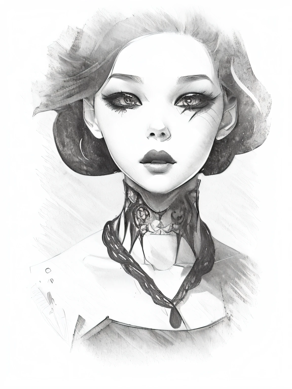 Un dibujo de una mujer con una cara en blanco y negro, Boceto en blanco y negro, Retrato de Artgerm, Al estilo de Anna Dittmann, inspirado en WLOP, Artgerm y James Jean, Dibujado en el estilo de Artgerm, Boceto detallado en blanco y negro, shaded ink illustration, gothic face, Estilo de Charlie Bowater, Gothic girl face
