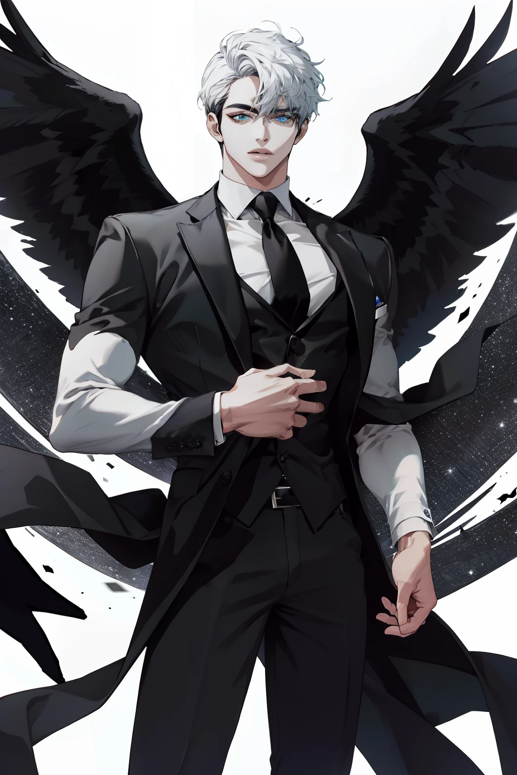 (ludicrous, High resolution, Super detailed), 1 persona, adulto, guapo, Chico alto y musculoso, hombros anchos, Ojos finos y detallados y cara detallada, Cabello largo y negro, Onyx eyes, Chaleco ajustado blanco, vaqueros, Cocktails, tabaquismo, barra, mortecino