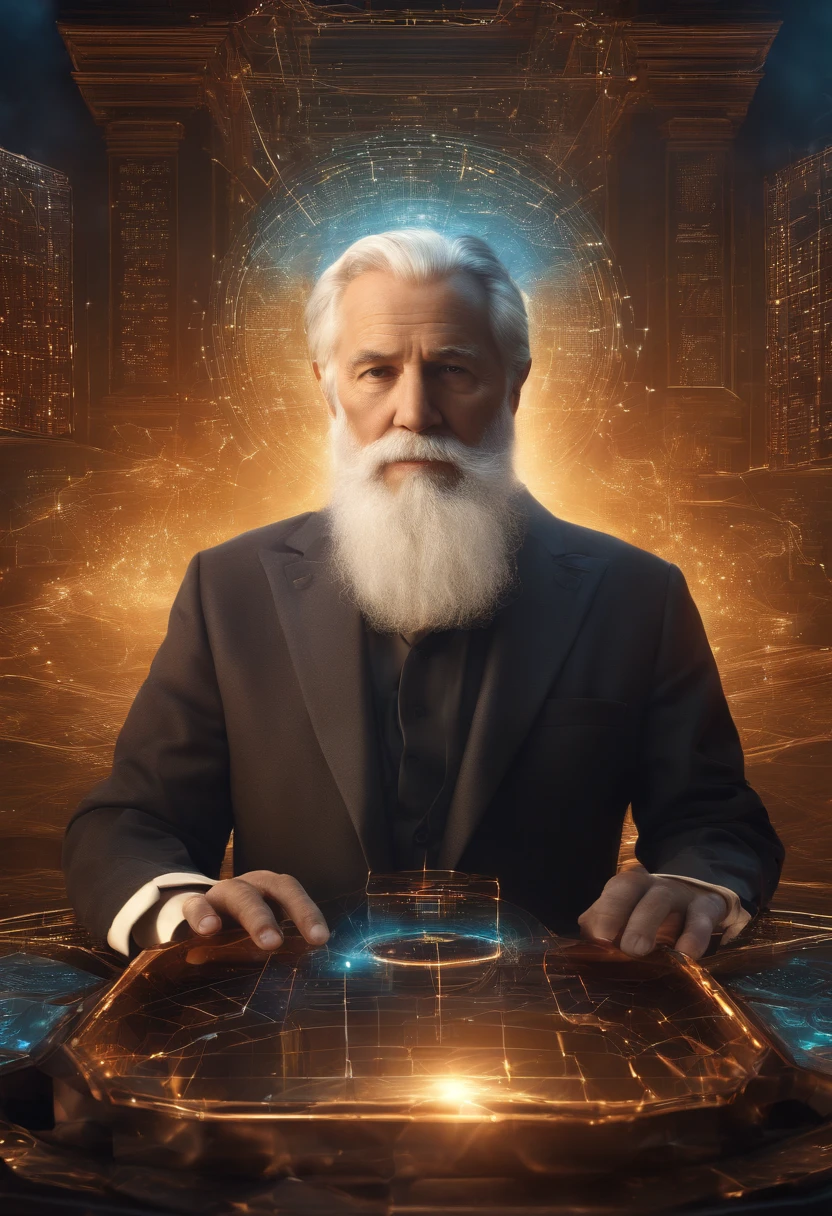 highres,formal beard,white-haired elderly man,digital environment,opening a box of wisdom,wise and knowledgeable expression,wisdom,experience,technology integration,virtual reality,cyberspace,glowing computer code,illuminated screens,hovering holographic displays,streaming data,algorithmic patterns,artificial intelligence,computer-generated imagery,thought-provoking,philosophical concept,cybernetic landscape,contemplation,serene atmosphere,tranquility,virtual wisdom repository,transcendence,digitized knowledge,profound insights,interplay of light and shadows,immersive virtual experience,virtual reality headset,digital interface,ethereal glow,electronic circuitry,seamless blending of the physical and digital realms,limitless possibilities