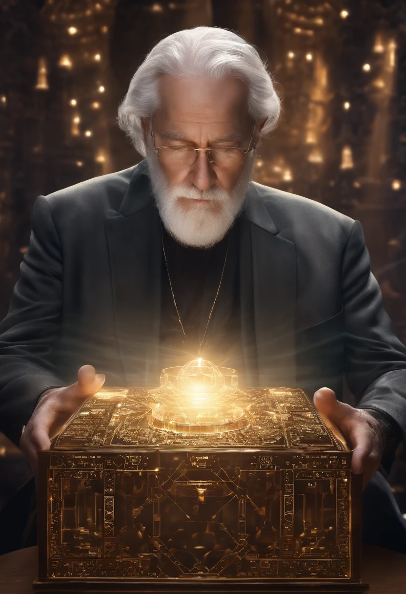 highres,formal beard,white-haired elderly man,digital environment,opening a box of wisdom,wise and knowledgeable expression,wisdom,experience,technology integration,virtual reality,cyberspace,glowing computer code,illuminated screens,hovering holographic displays,streaming data,algorithmic patterns,artificial intelligence,computer-generated imagery,thought-provoking,philosophical concept,cybernetic landscape,contemplation,serene atmosphere,tranquility,virtual wisdom repository,transcendence,digitized knowledge,profound insights,interplay of light and shadows,immersive virtual experience,virtual reality headset,digital interface,ethereal glow,electronic circuitry,seamless blending of the physical and digital realms,limitless possibilities