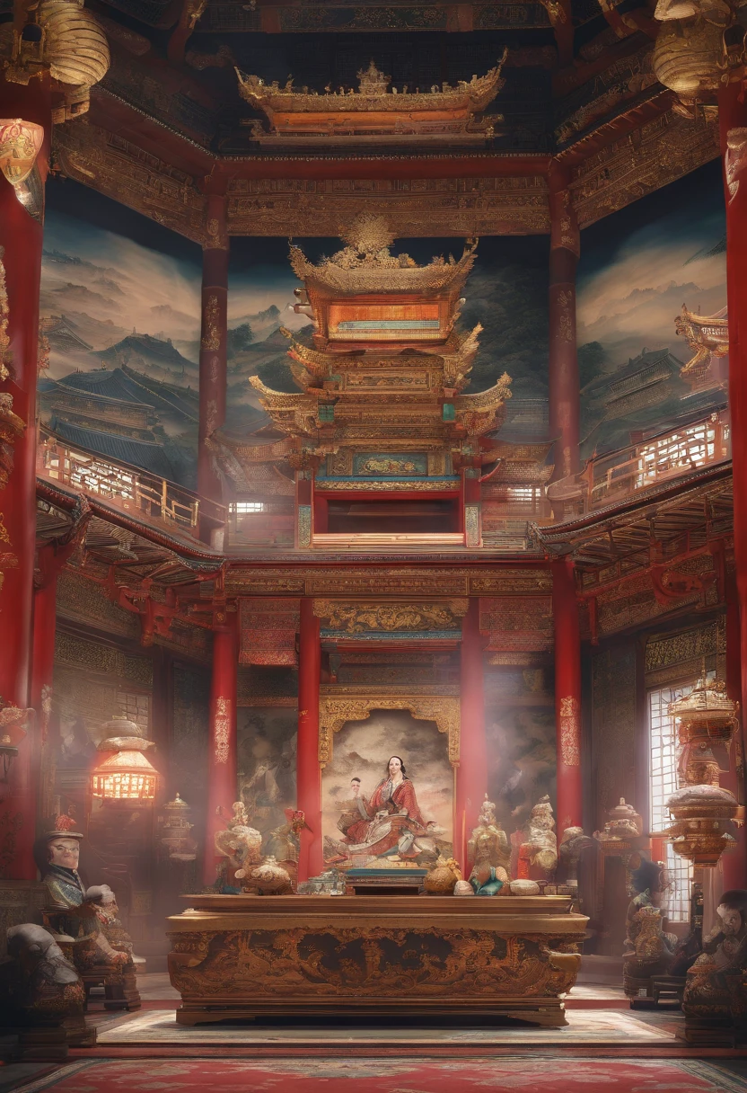 In a real-world scenario, The ancient Chinese palace is located above the clouds, In the main hall of the Royal Palace, The emperor sits on the throne, Dressed in luxurious period costumes,The face is majestic. Surrounded by concubines, The craftsman knelt before them, Magnificent, glazed tiles, Colorful light, (((splasheplashed ink}), Masterpiece, High quality, Exquisite graphics, High detail: