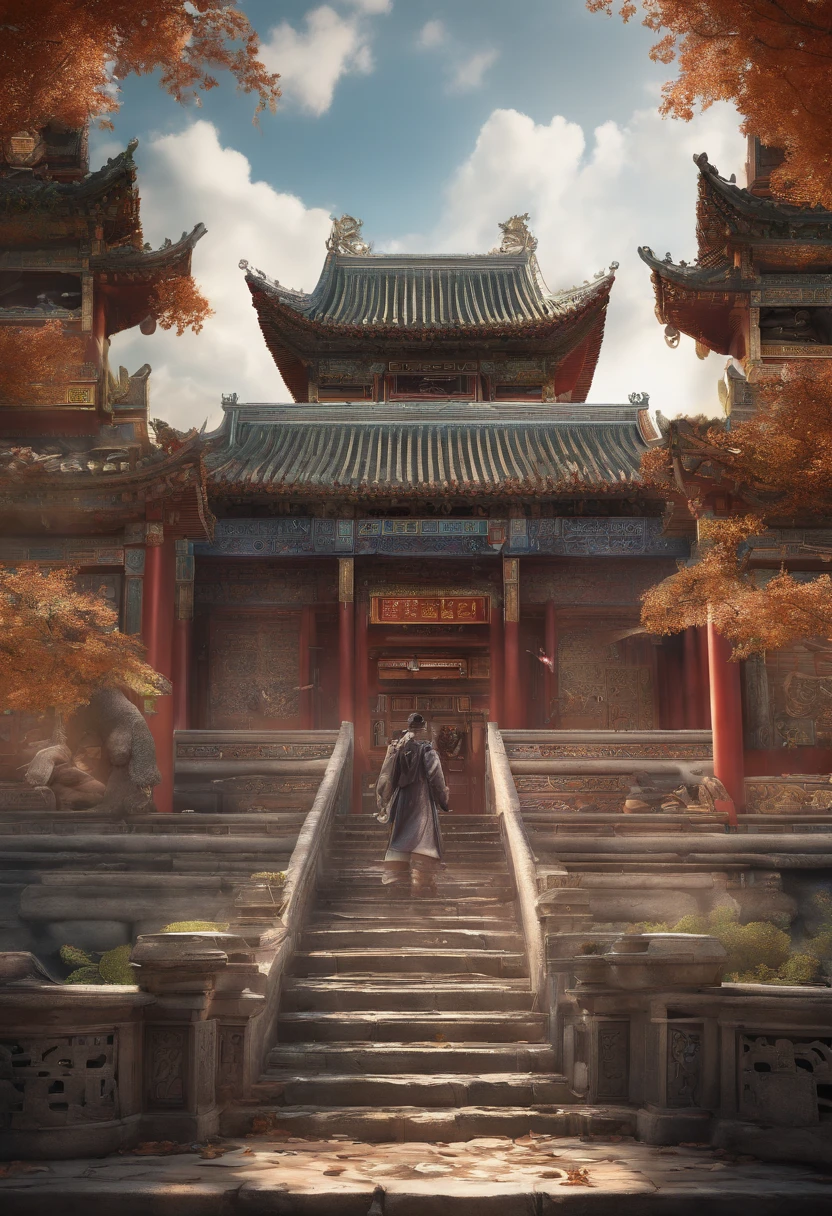 In a real-world scenario, The ancient Chinese palace is located above the clouds, In the main hall of the Royal Palace, The emperor sits on the throne, Dressed in luxurious period costumes,The face is majestic. Surrounded by concubines, The craftsman knelt before them, Magnificent, glazed tiles, Colorful light, (((splasheplashed ink}), Masterpiece, High quality, Exquisite graphics, High detail:
