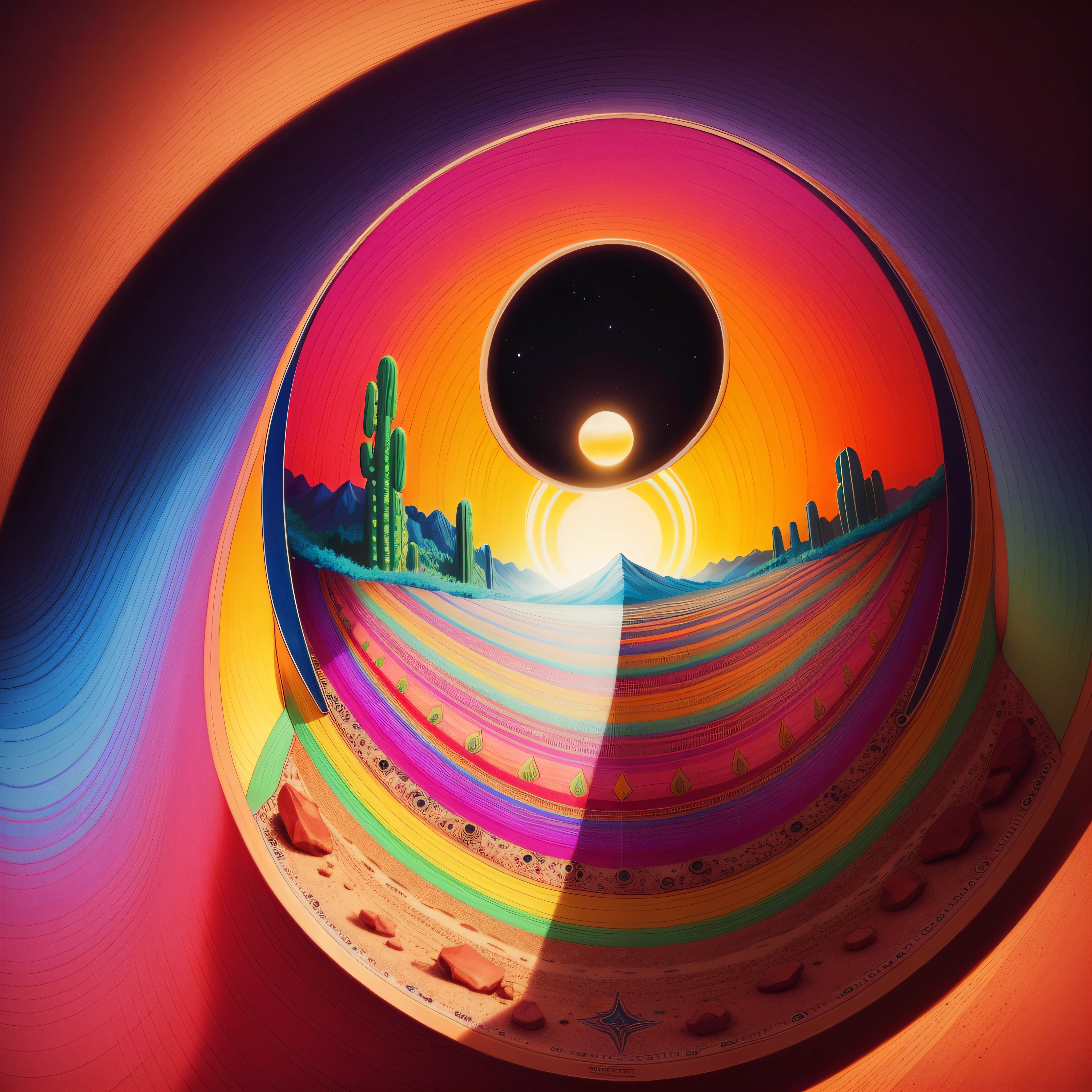 a record cover featuring a psychedelic drawing of a desert signaling another time