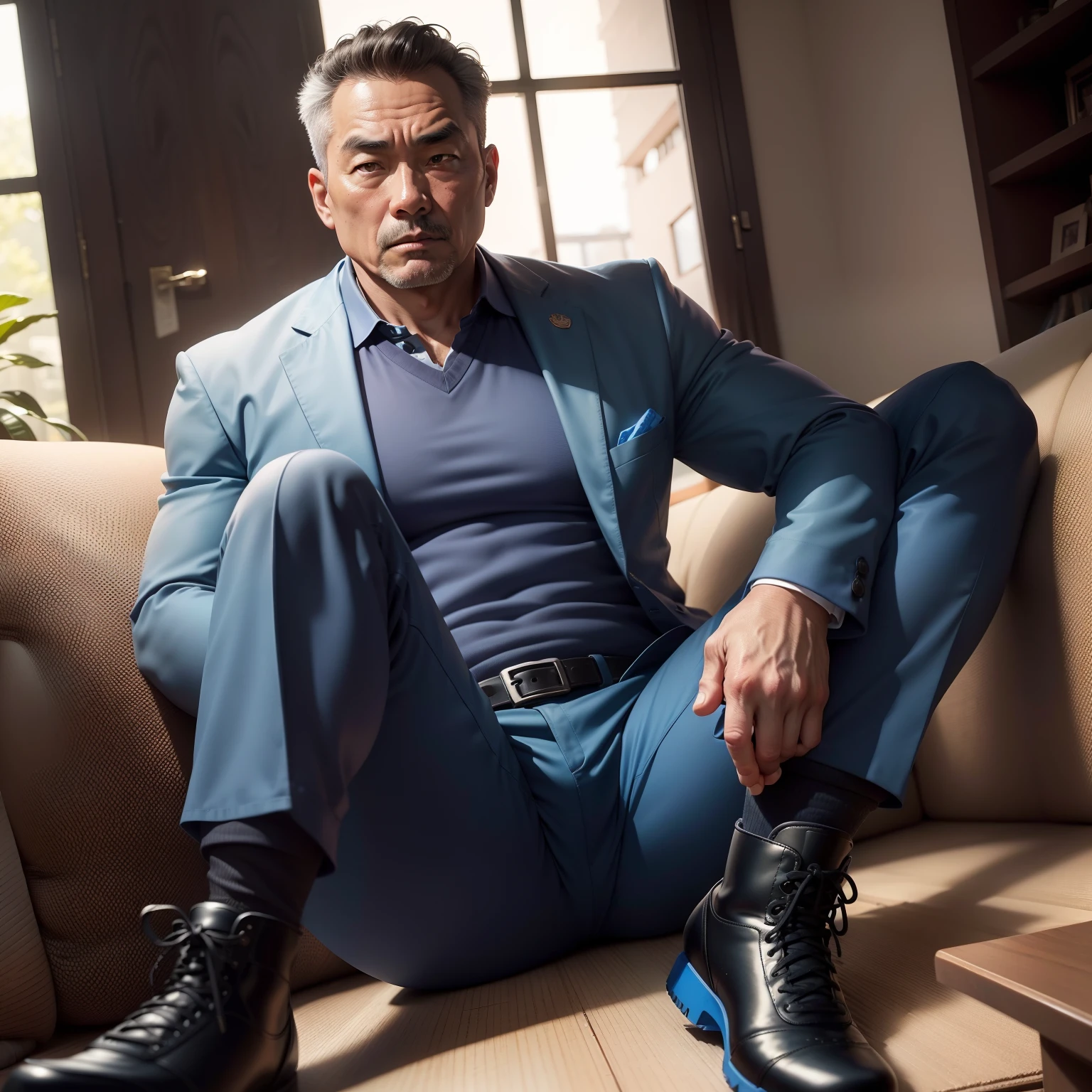 A 50-year-old middle-aged man，grampa，Height 195，Asian people，sitting in the couch，legs are open，God perspective，The eyes are about to face each other，Chinese men，musculature，Wearing a powder blue suit，Fluorescent blue Nike high-leg riding boots，Cord，Chains，Ferocious and ferocious，The background is outdoors，Hold your hands on your knees