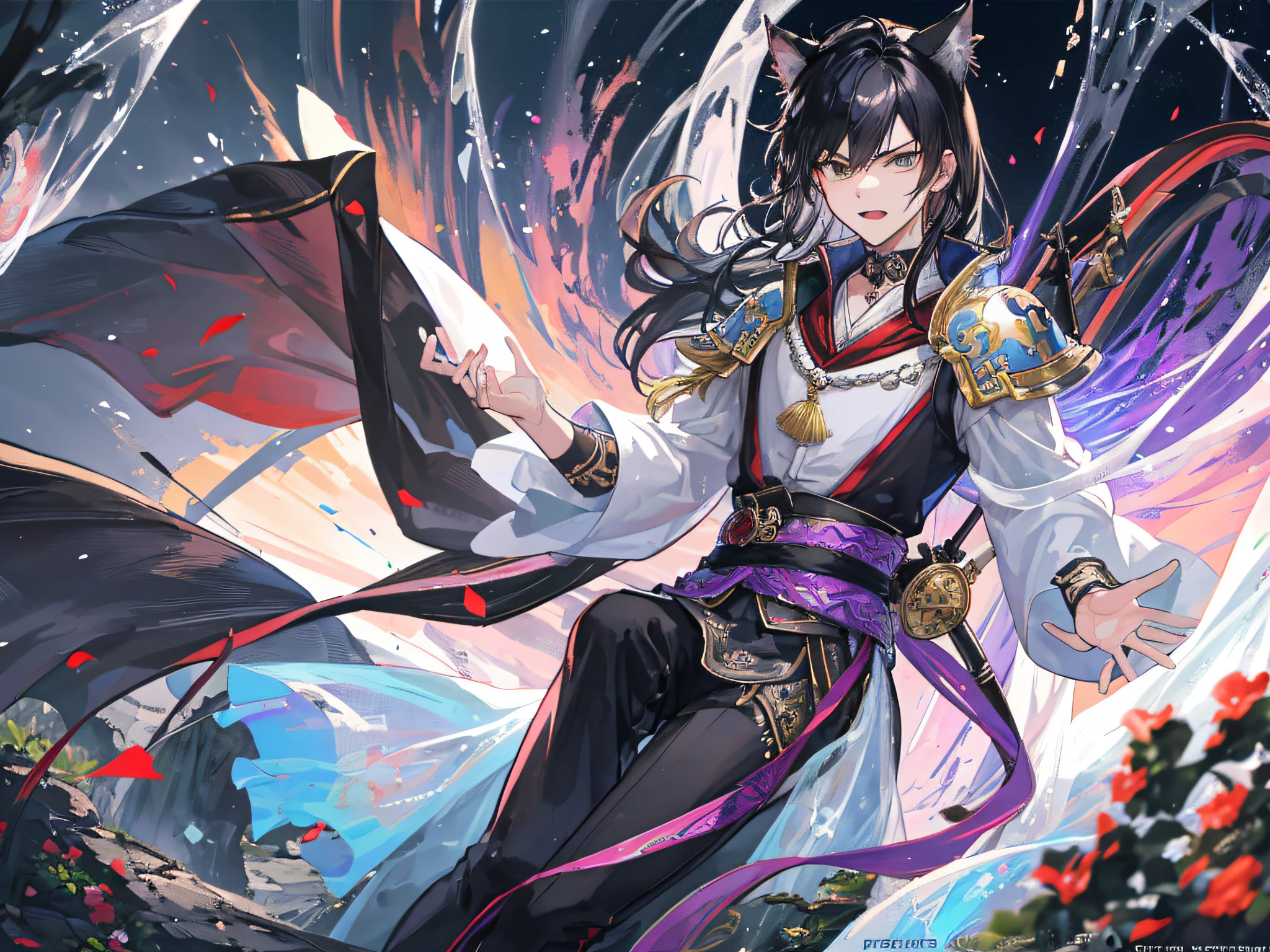 Best quality at best,A prince,Cat ears,Asian boys,full bodyesbian,20yr old, That's great, sportrait, ssee-through,Black hair,The background is in the fairy world, the witcher,The background is in the fairy world,vred,Very angry