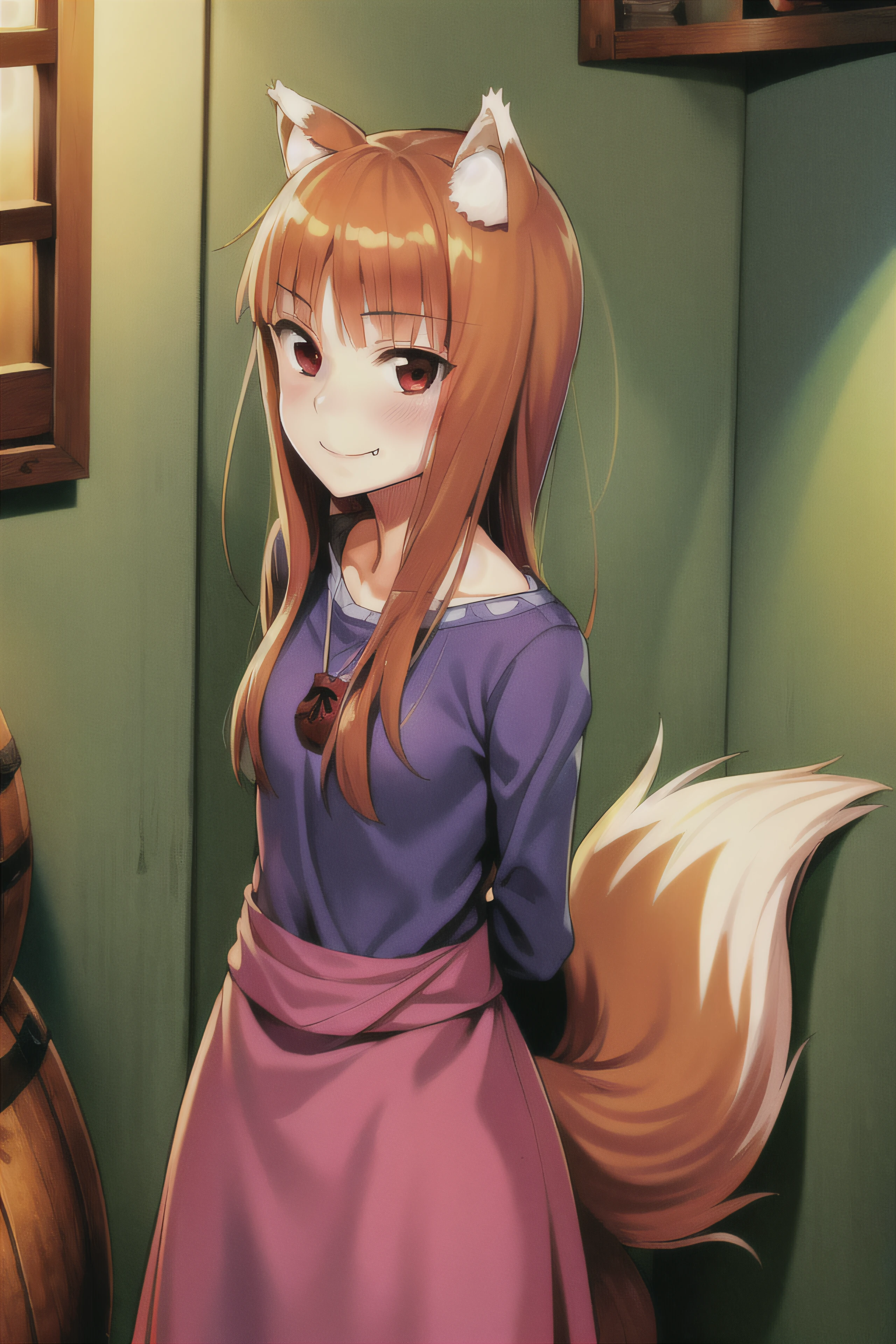 absurdres, best quality, masterpiece, novel illustration,(spice and wolf), (((holo))), (spicytail), (koume keito:1), (ayakura juu:1), (kawakami rokkaku:1), looking at viewer, wolf_ears, wolf_girl, wolf_tail, holo, animal_ears, 1girl, long_hair, brown_hair, purple_shirt, solo, brick_wall, blush, pouch, fang, smile, red_eyes, barrel, arms behind back, from front,