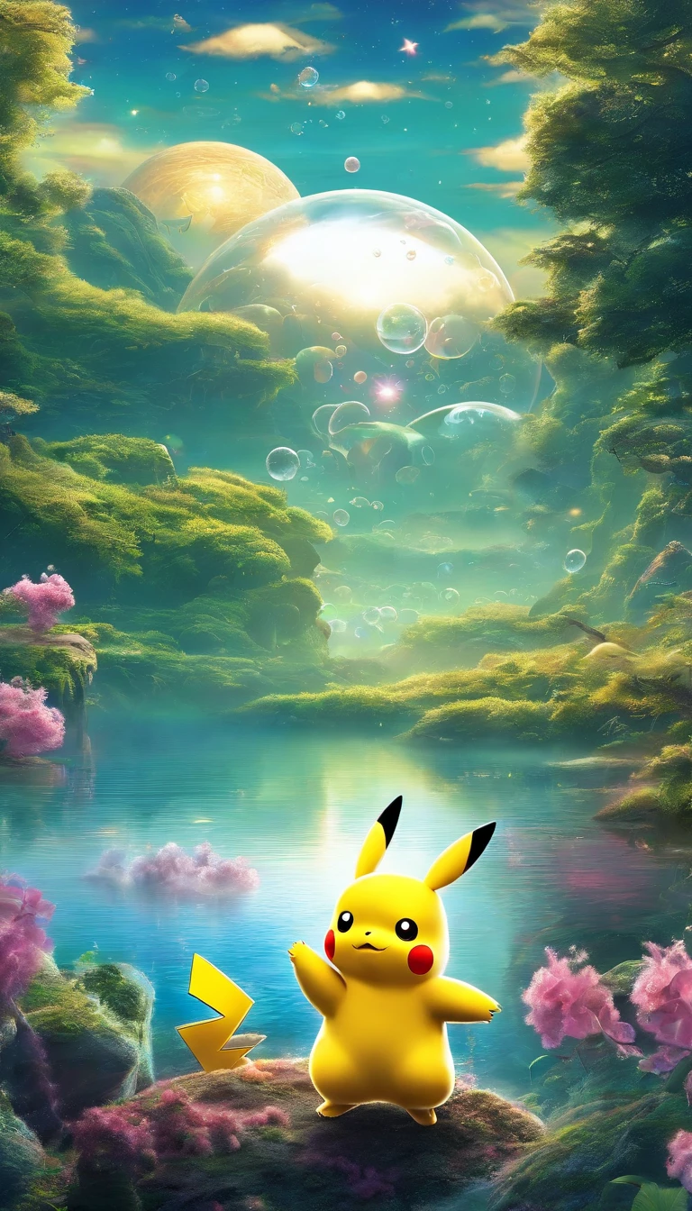 Ultra HD 3D graphics,Showcasing the touching scene of Pikachu making a wish by a tranquil lake. Pikachu, Beautiful rendering details, See gently blowing bubbles into the air, Everyone has hopeful wishes. Bubbles capture the reflection of the setting sun, Create dreams, Magical effect. The overall atmosphere is gentle, Full of hope and tranquility