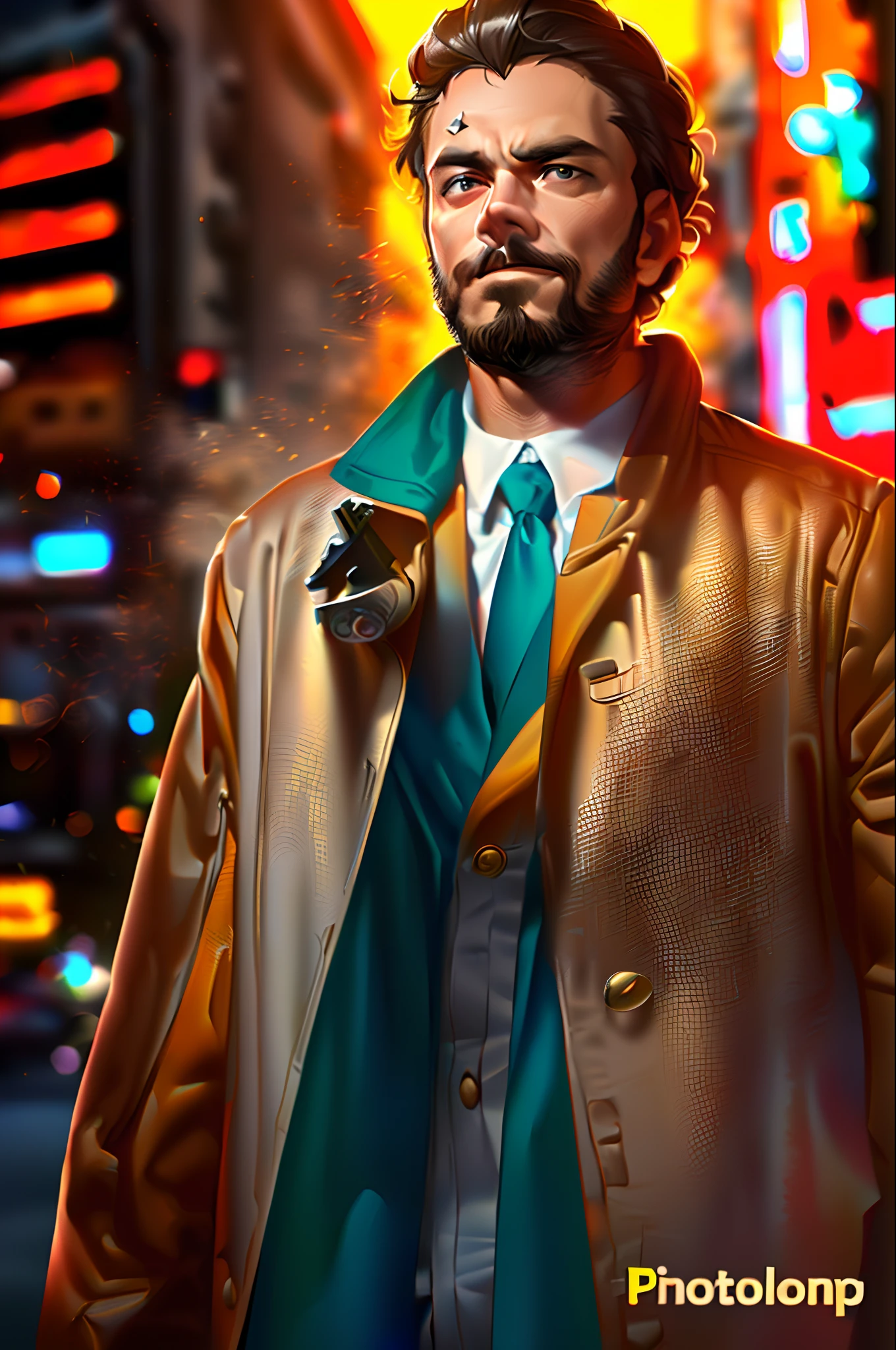 Create a scene of an Edlintramos wearing a short-bearded cap and facing the streets of Rio de Janeiro with a cardeneta in hand and a rifle on the side and in the background a house exploding