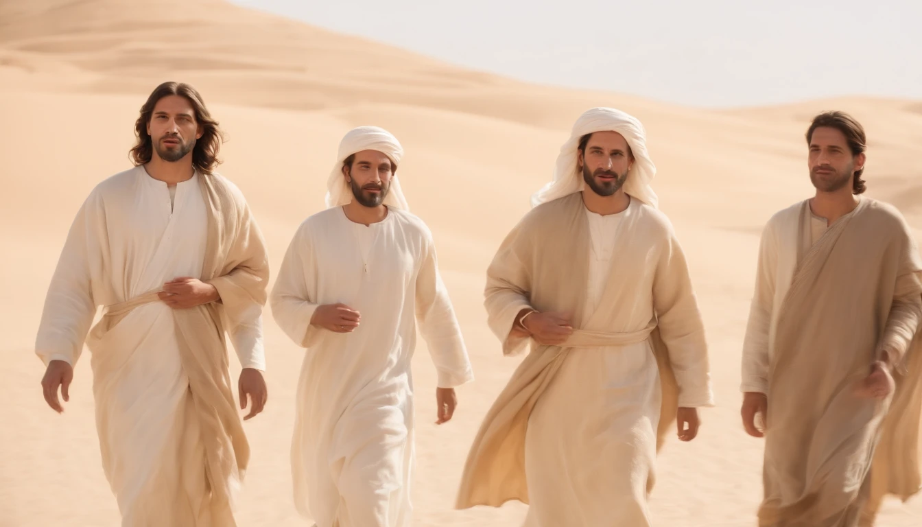 jesus and his disciples,in the desert near the city of Jerusalem, from the time of Christ,medium: oil painting, detailed "jesus and disciples",ultra-detailed, realistic:1.37,[biblical scene],sacred ambiance, vintage texture, colors of the arid landscape,detailed sand dunes,ancient ruins in the background,faint rays of sunlight,perfect lighting,expressive expressions on their faces,sand swirling in the wind,group of 12 disciples,traditional Middle Eastern clothing,biblical accuracy,solemn atmosphere,peaceful encounter between Jesus and his disciples,deep sense of spirituality.
