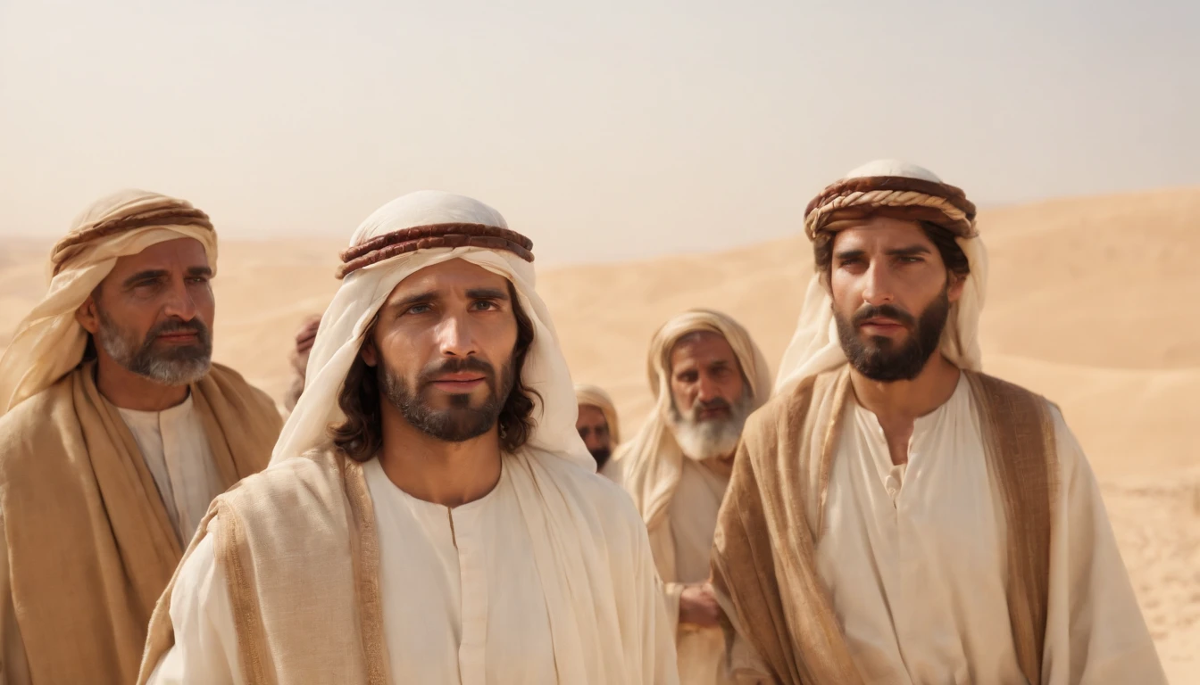 jesus and his disciples,in the desert near the city of Jerusalem, from the time of Christ,medium: oil painting, detailed "jesus and disciples",ultra-detailed, realistic:1.37,[biblical scene],sacred ambiance, vintage texture, colors of the arid landscape,detailed sand dunes,ancient ruins in the background,faint rays of sunlight,perfect lighting,expressive expressions on their faces,sand swirling in the wind,group of 12 disciples,traditional Middle Eastern clothing,biblical accuracy,solemn atmosphere,peaceful encounter between Jesus and his disciples,deep sense of spirituality.