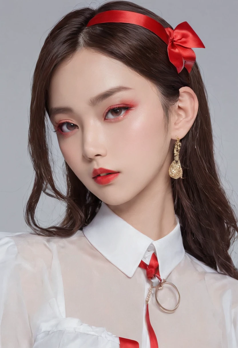 There was a woman wearing a transparent white shirt,A dog necklace is worn around his neck,A red ribbon is tied around the chest,huge boob,huge tit,long leges, nivanh chanthara, White ribbon, profile picture 1024px, only red colour, thawan duchanee, Red ribbon, wonderful masterpiece, jia, 18 years old, white red, peace, yuli ban, sakimi chan, wearing headmistress uniform