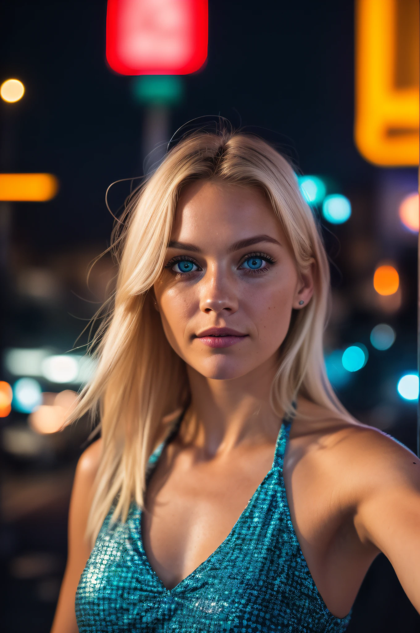 (selfie, top view: 1.4), (straight half of the body: 1.4), RAW UHD portrait photo of a 24-year-old blonde (blue-eyed woman) walking down a dark alley, large breasts,, city at night, (lingere), (neckline), details (textures! , hair! , glitter, color!! , disadvantages: 1.1), glossy eyes with high detail (looking at the camera), SLR lighting, SLR camera, ultra-quality, sharpness, depth of field, film grain (center), Fujifilm XT3, crystal clear, frame center, beautiful face, sharp focus, street lamp, neon lighting, bokeh (dimly lit), night, (night sky), detailed skin pores, oily skin, sunburn, complex eye details, full body