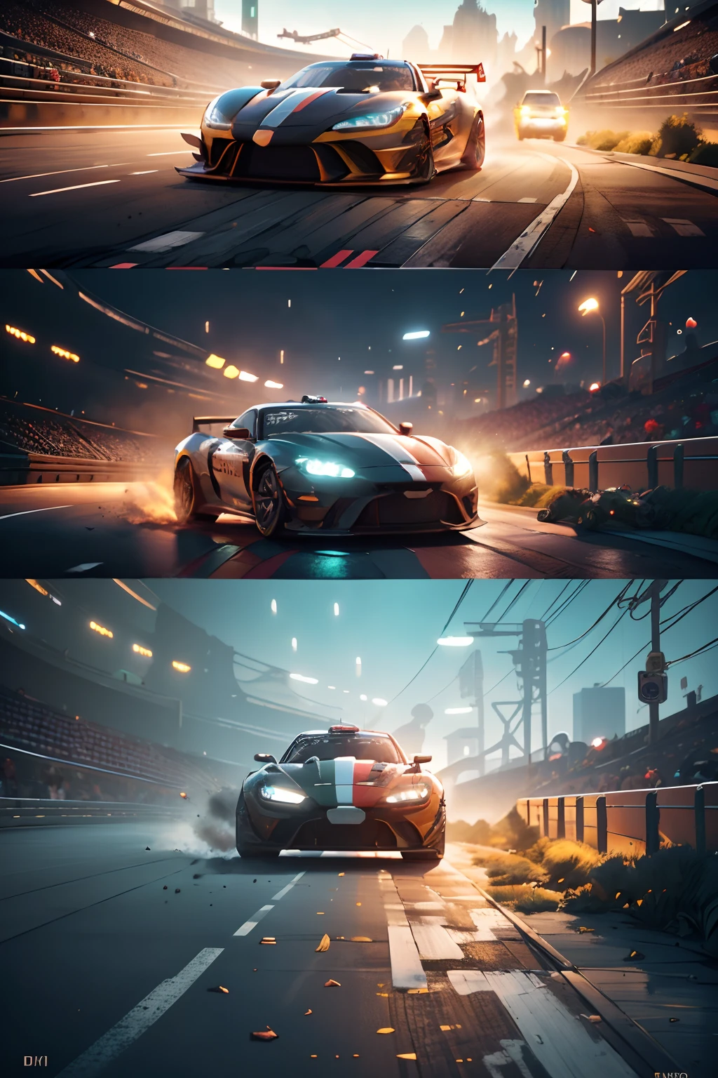, cyberpunk, futuristic, night time, neon lights, floodlights, dark sky, starry night, race track, realistic 3D, amazing render, 8k, video game, wipeout, racing, fast, photorealistic, render, photograph, cyberpunk, futuristic, night time, neon lights, floodlights, dark sky, starry night, race track, cars speeding, thrilling competition, spectators cheering, dynamic atmosphere, high-speed action, tire-squealing, adrenaline-pumping, impressive race cars, dramatic overtakes, intense rivalries, powerful engines roaring, skillful drivers, tight corners, magnificent race circuit, professional racing, grandstands filled with excited fans, exceptional driving skills, podium celebration, victory lap, checkered flag waving, incredible speed, heart-pounding experience, precise maneuvering, challenging twists and turns, fierce competition, exhilarating races, professional race teams, intense focus, breathtaking moments, immersive racing experience, high-performance vehicles, thrilling finale, photo-finish, race officials, state-of-the-art facilities, pit stops, record-breaking lap times, expertly designed tracks, flawless execution, electric atmosphere, display of precision and skill, heart-stopping moments, spectators on the edge of their seats, precise steering, perfect racing line, nail-biting excitement. --auto