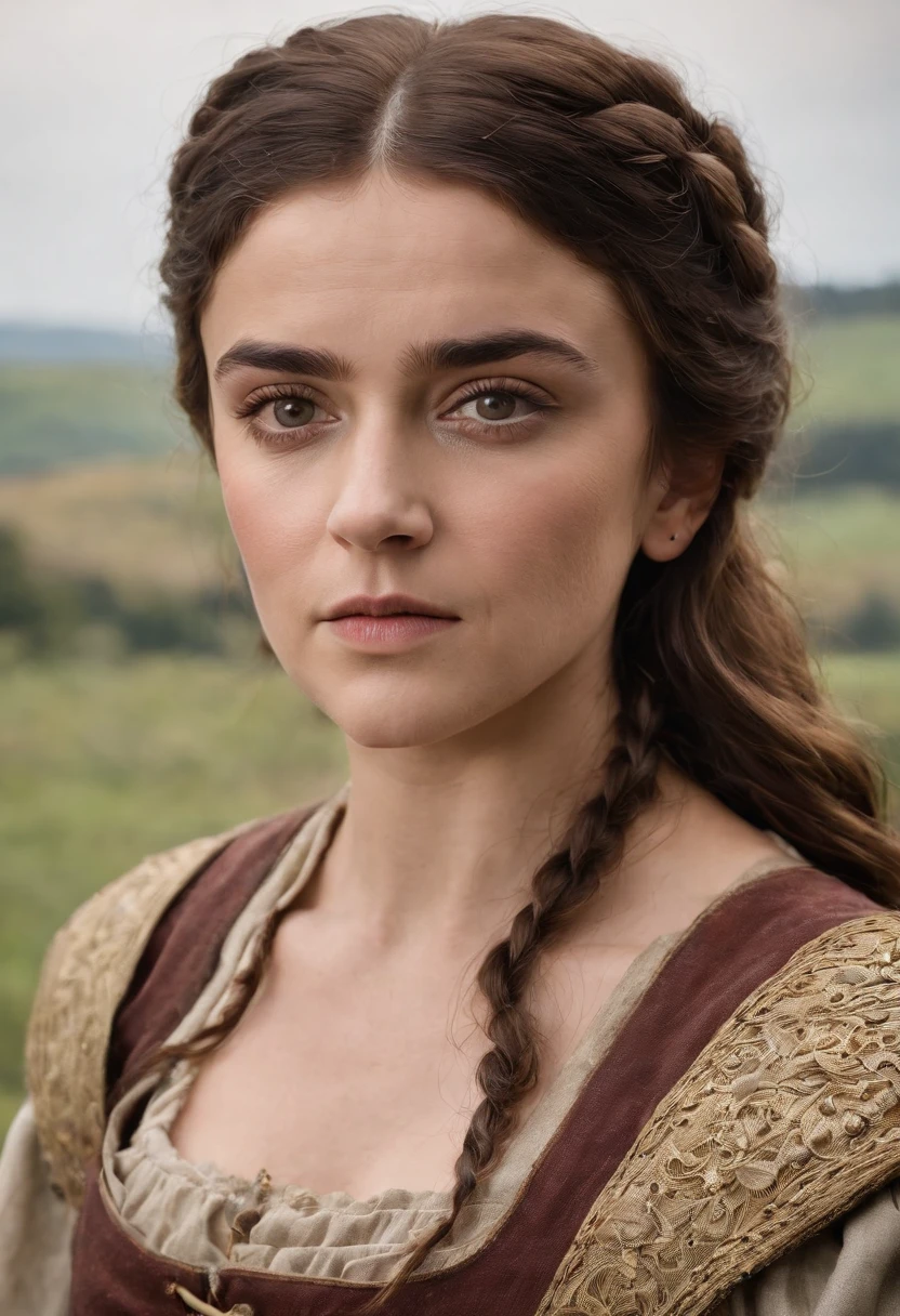 Portrait Photography, face shot of a mix between Maisie Williams and Salma Hayek as a medieval fantasy 50 year-old shepherdess, wrinkly, revolting looks, short salt and pepper hair, goatee, serious expression, medieval fantasy shepherdess clothes, in a medieval countryside, The colors are masterfully captured by Nikon D850 and a Nikon AF-S NIKKOR 70-200mm f/2.8E FL ED VR lens, Peter Jackson, fantasy, historical