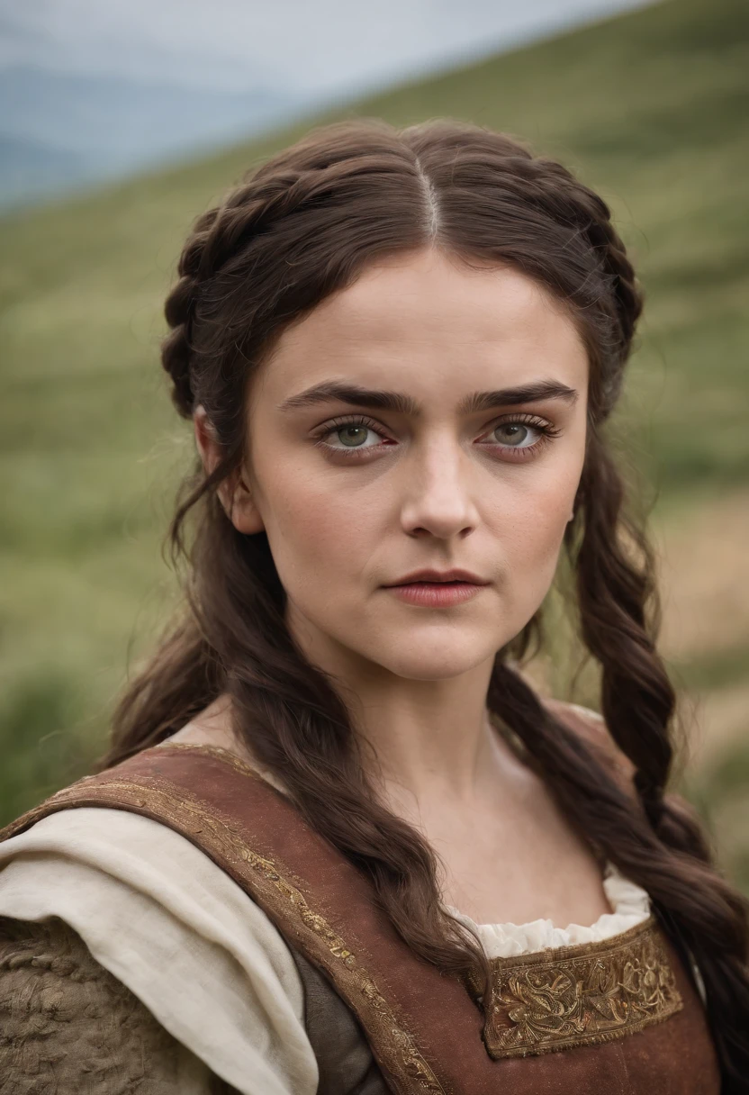 Portrait Photography, face shot of a mix between Maisie Williams and Salma Hayek as a medieval fantasy 50 year-old shepherdess, wrinkly, revolting looks, short salt and pepper hair, goatee, serious expression, medieval fantasy shepherdess clothes, in a medieval countryside, The colors are masterfully captured by Nikon D850 and a Nikon AF-S NIKKOR 70-200mm f/2.8E FL ED VR lens, Peter Jackson, fantasy, historical