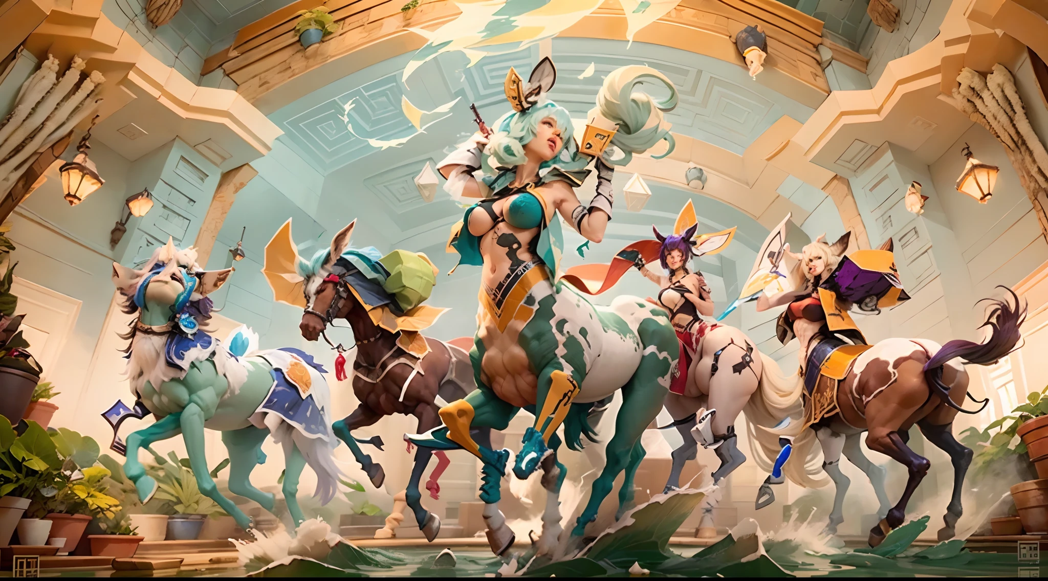 In the beautiful illustration of this super-grand scene，The ultra-long-range lens is shown（Over eight unique centaur characters：9.9），They all have their own characteristics，Vivid and interesting。Radiant angelic centaurs from the heavenly realm，To the hellish centaurs surrounded by nightmarish flames，And then to the Wind Fairy Centaur dancing in the air，There are also one-horned centaurs surrounded by thunder and lightning，and mechanical centaurs that shine with metallic light，And then to the powerful dragon centaur with colored dragon scales covering the whole body，The elegant and agile elf centaur always wears a flower crown with its slender graceful lines，Enchanting and charming Tiflin centaurs。Each character has their own unique charms and abilities。The illustration uses advanced artistic techniques and tools，（Divide the scene into sections by geometric arrangement：9.9），Each section corresponds to a centaur character，This makes more efficient use of space。Through Midjourney's advanced brush tools、Color palette、Material packs and model packs，For each centaur, beautiful props are designed to increase racial characteristics、Clothing and physical features，Enhances the character's personality and visual appeal。The scenery in the illustrations is stunning，There are changing skies、rainbowing、extreme light、Stars and Moon。Incorporating iconic landmarks such as Mount Everest，and fireworks、tranquil lake、Natural and urban elements of waves and neon lights，Creates a magical atmosphere。The centaurs display their unique abilities and equipment in a variety of environments，This is true even in extreme alien landscapes。（Use Midjourney's tools、Material packs、Texture tools、The color palette makes depicting details vivid and realistic：9.9），From complex hairstyles and as well as different racial traits、Body、Appearance features、Clothing to real textures，This greatly enhances the realism of the characters and surroundings。The fusion of multiple art styles adds movement to the centaur's