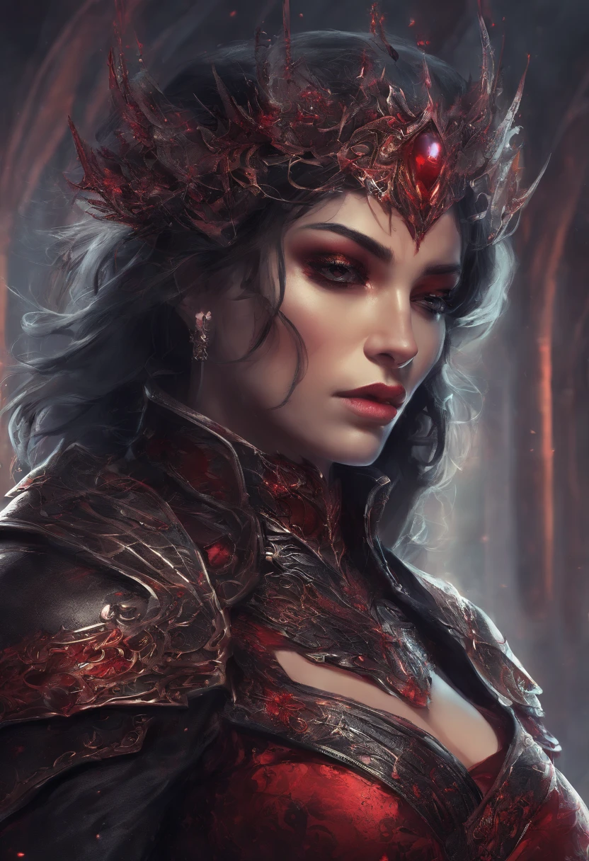 An adult vampire wizard character wearing a very detailed and beautiful gothic armor. Seu cabelo com corte curto. cor do cabelo portanto. lip color: portanto, cor roxa dos olhos, manto, capuz, Eclipse at the apex of the image, Sanctuary, Magnificent, 8k, with an air of importance and grandeur. Capa vermelha flutuante, personagem centralizada, capuz, serious facial expression, se olhando no espelho, cabelo curto caindo sobre o olho