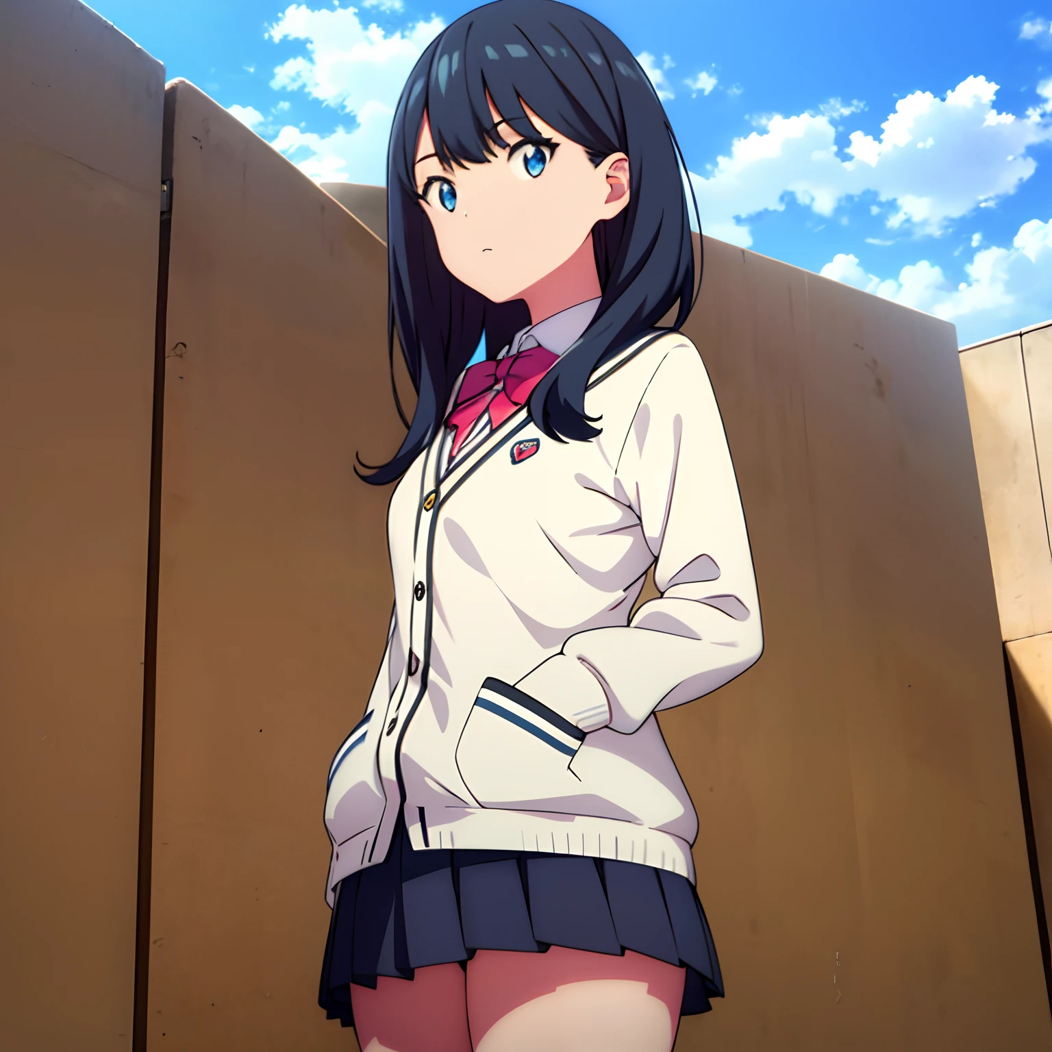 gridman, masterpiece, best quality, 1girl, black hair, long hair, blue eyes, pleated skirt, thick thighs, solo, sky, looking at viewer, day, cloud, outdoors, cardigan, blue sky, bangs, shirt, bow, closed mouth, school uniform, collared shirt, portrait, white shirt,