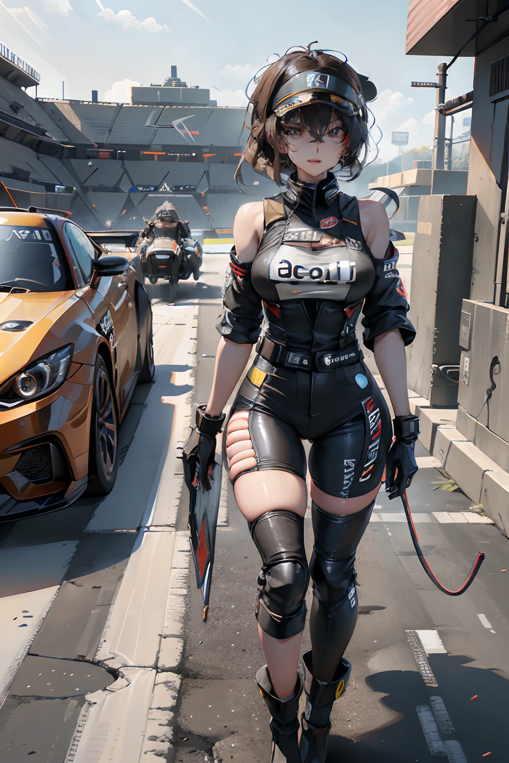 cyberpunk futuristic, race track, cars speeding, thrilling competition, spectators cheering, dynamic atmosphere, high-speed action, tire-squealing, adrenaline-pumping, impressive race cars, dramatic overtakes, intense rivalries, powerful engines roaring, skillful drivers, tight corners, magnificent race circuit, professional racing, grandstands filled with excited fans, exceptional driving skills, podium celebration, victory lap, checkered flag waving, incredible speed, heart-pounding experience, precise maneuvering, challenging twists and turns, fierce competition, exhilarating races, professional race teams, intense focus, breathtaking moments, immersive racing experience, high-performance vehicles, thrilling finale, photo-finish, race officials, state-of-the-art facilities, pit stops, record-breaking lap times, expertly designed tracks, flawless execution, electric atmosphere, display of precision and skill, heart-stopping moments, spectators on the edge of their seats, precise steering, perfect racing line, nail-biting excitement. --auto