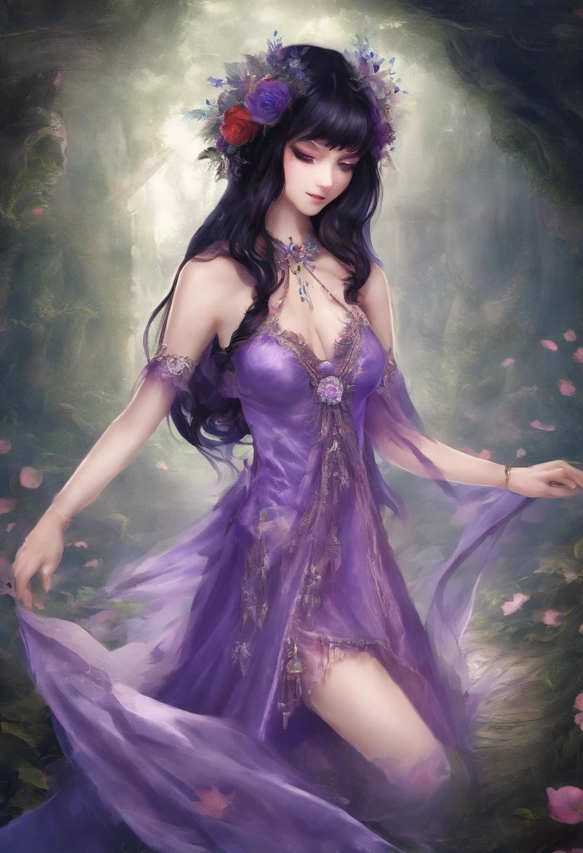 a woman in a purple dress is standing in the forest, extremely detailed germen de arte, chica anime seductora, a sexy maid in a magical forest, hermosa y seductora mujer anime, fantasy art style, style germen de arte, Arte detallado de alta calidad 8k, ig model | germen de arte, alena aenami and germen de arte, chica elfa, Sorteos de Wlop Ross. 8k.